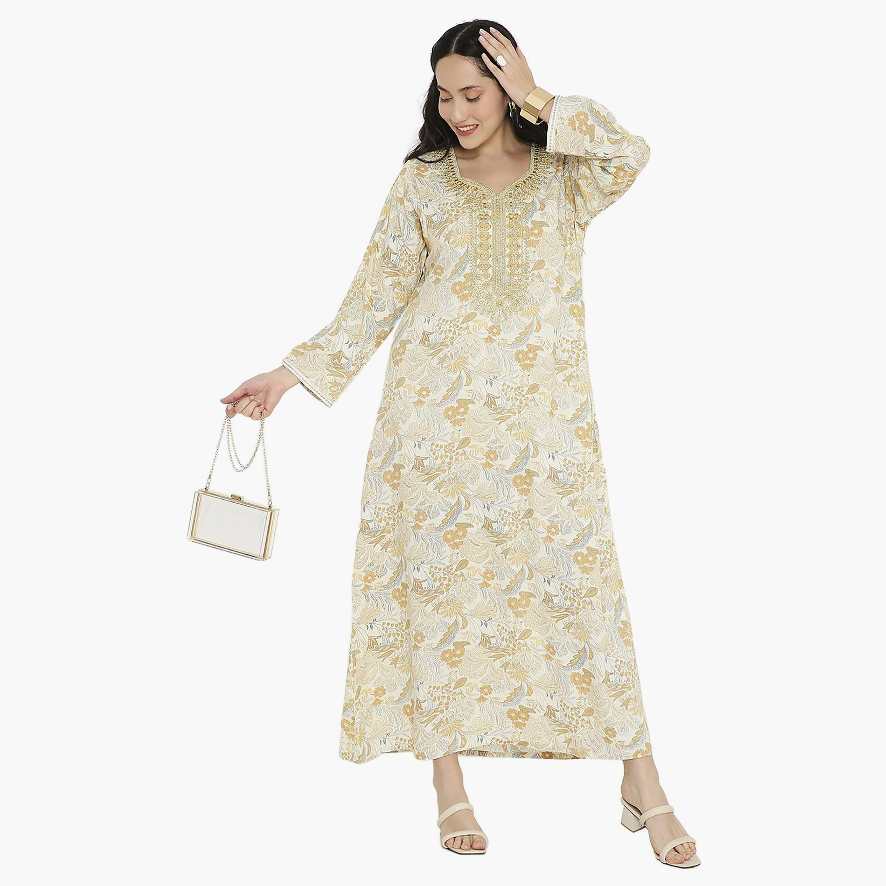 Hana & Sara Printed Embroidered Knot Neck Detail Women's Jalabiya-women-arabicclothing-jalabiyas-image-1