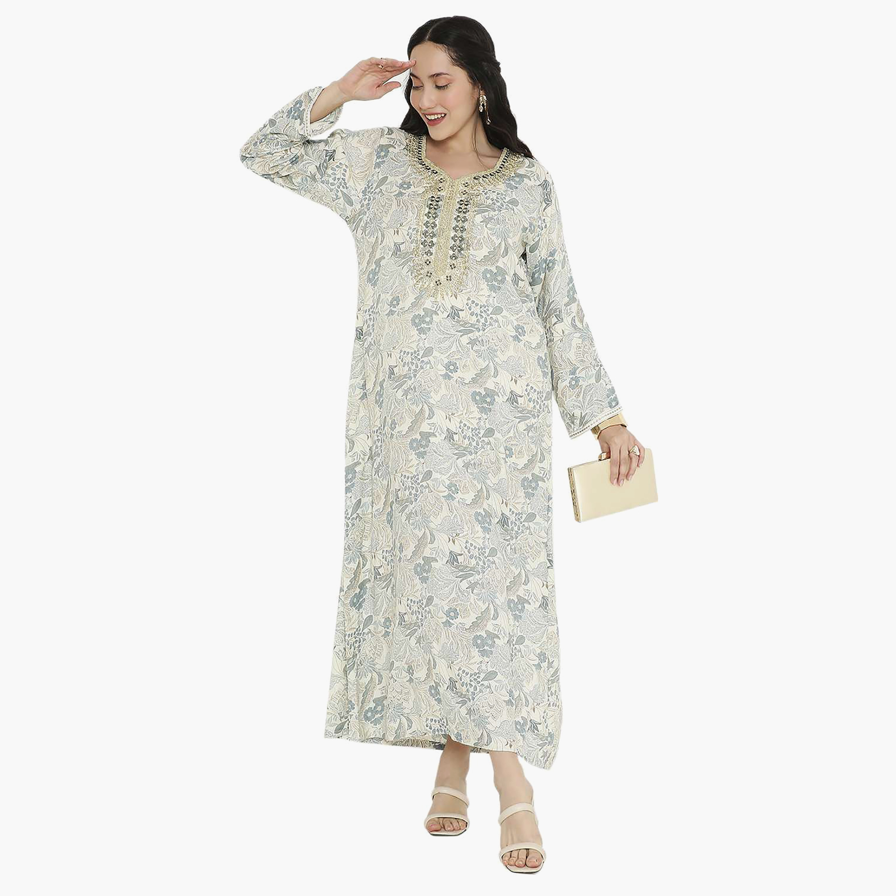 Hana & Sara Printed Embroidered Knot Neck Detail Women's Jalabiya-women-arabicclothing-jalabiyas-image-6
