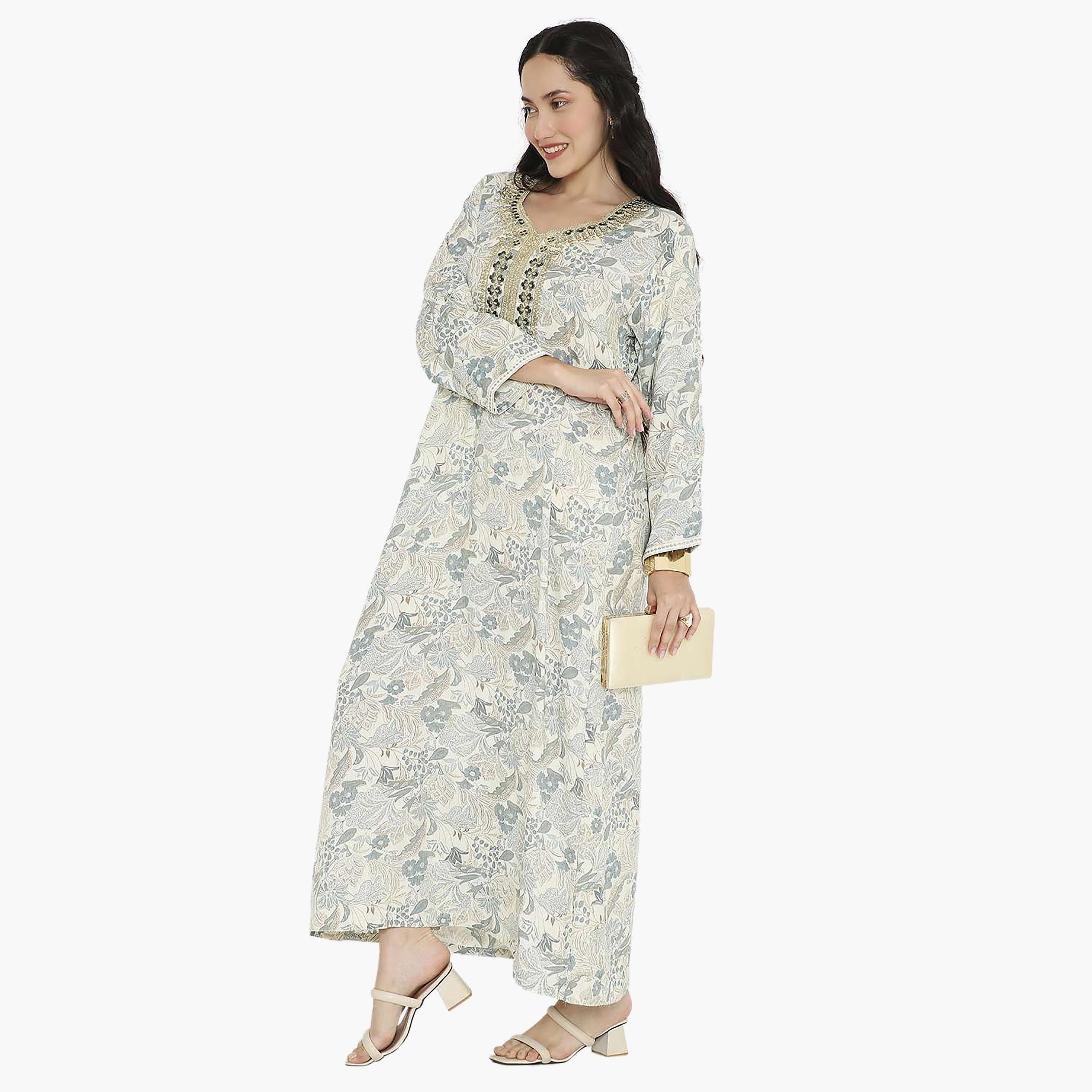 Hana & Sara Printed Embroidered Knot Neck Detail Women's Jalabiya-women-arabicclothing-jalabiyas-image-8