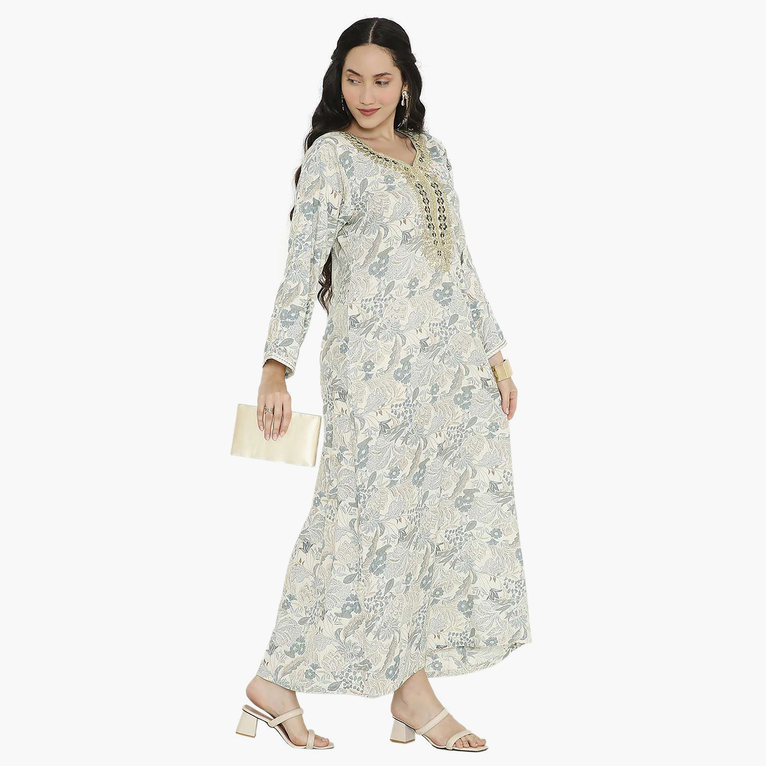 Hana & Sara Printed Embroidered Knot Neck Detail Women's Jalabiya-women-arabicclothing-jalabiyas-image-9
