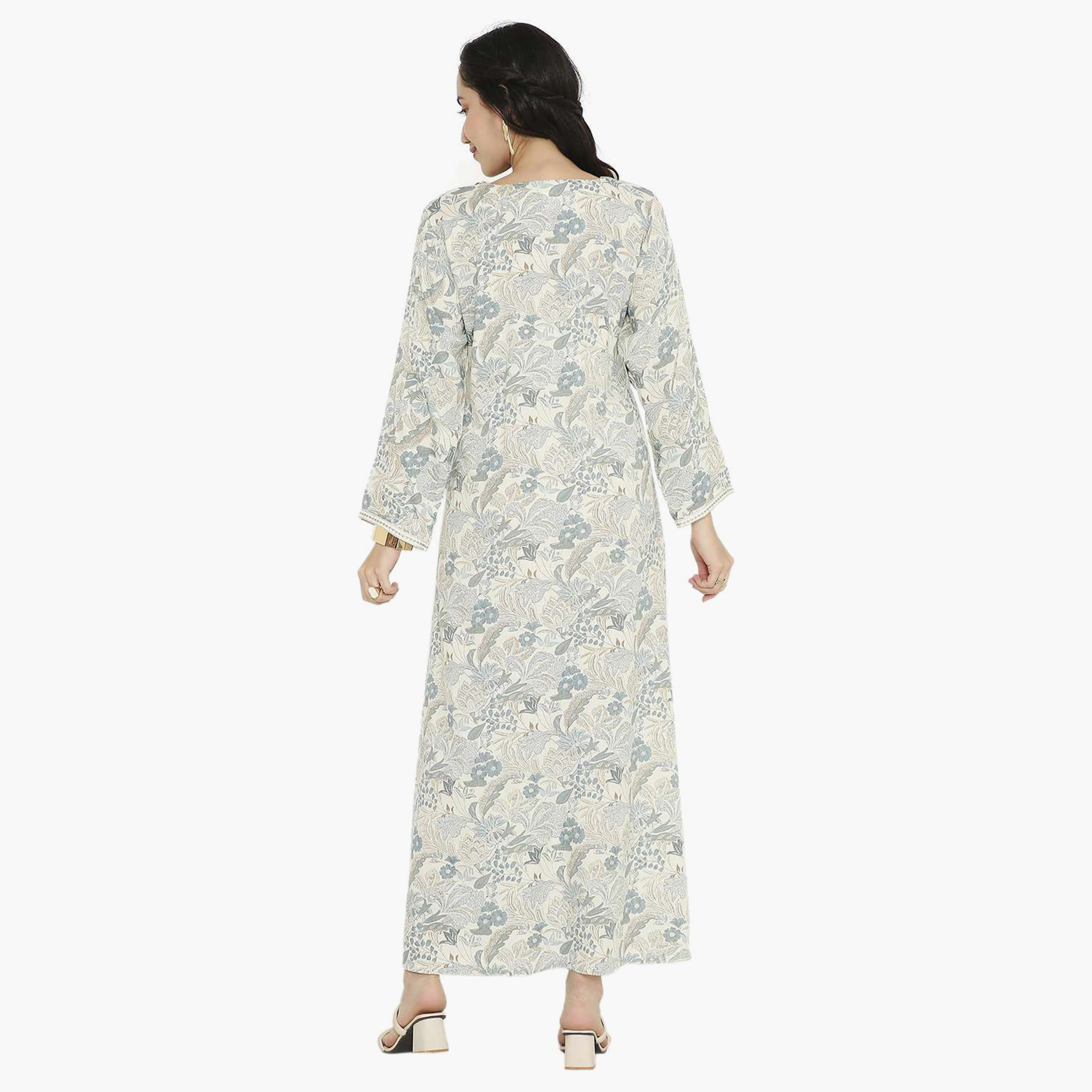 Hana & Sara Printed Embroidered Knot Neck Detail Women's Jalabiya-women-arabicclothing-jalabiyas-image-10