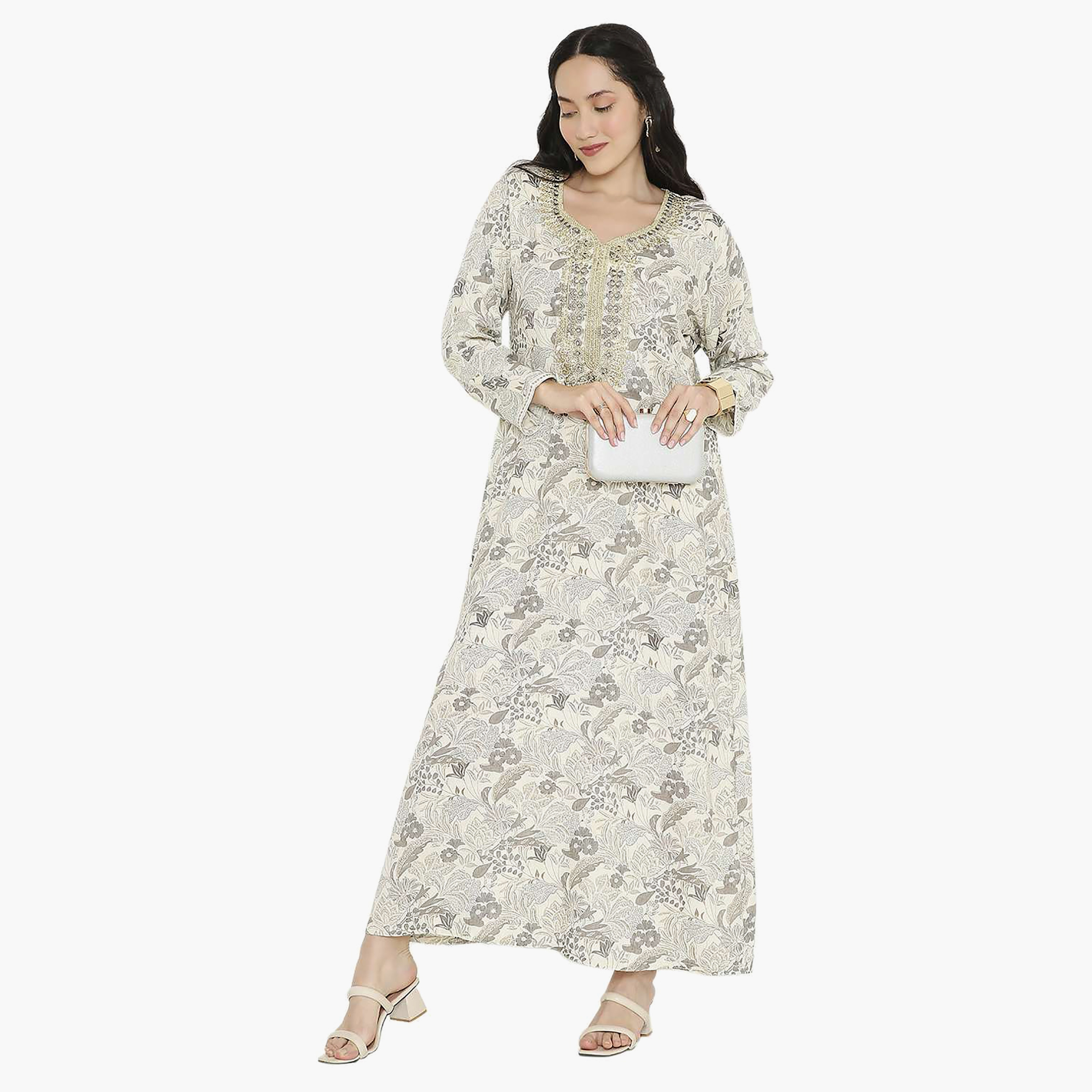 Hana & Sara Printed Embroidered Knot Neck Detail Women's Jalabiya-women-arabicclothing-jalabiyas-image-11