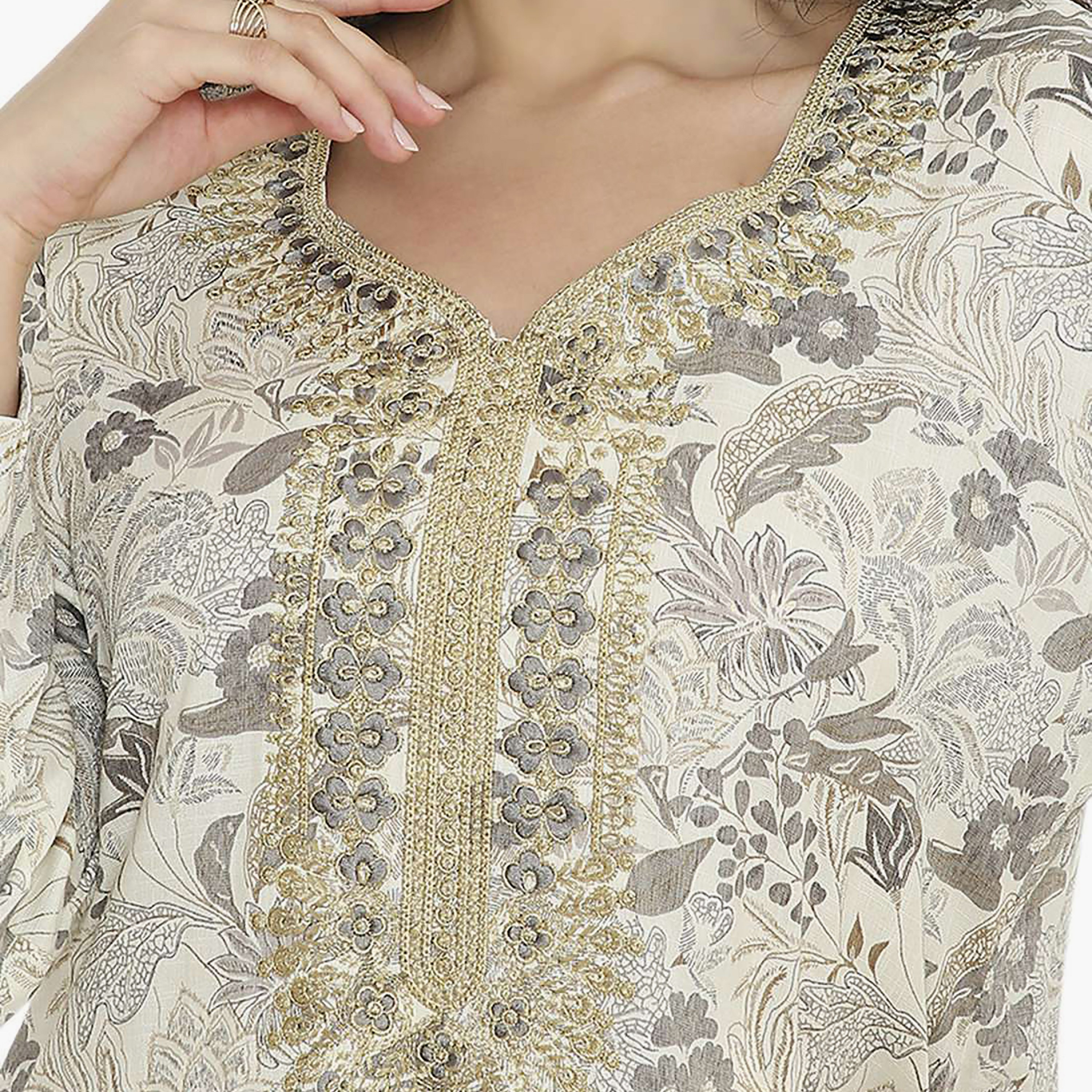 Hana & Sara Printed Embroidered Knot Neck Detail Women's Jalabiya-women-arabicclothing-jalabiyas-image-12