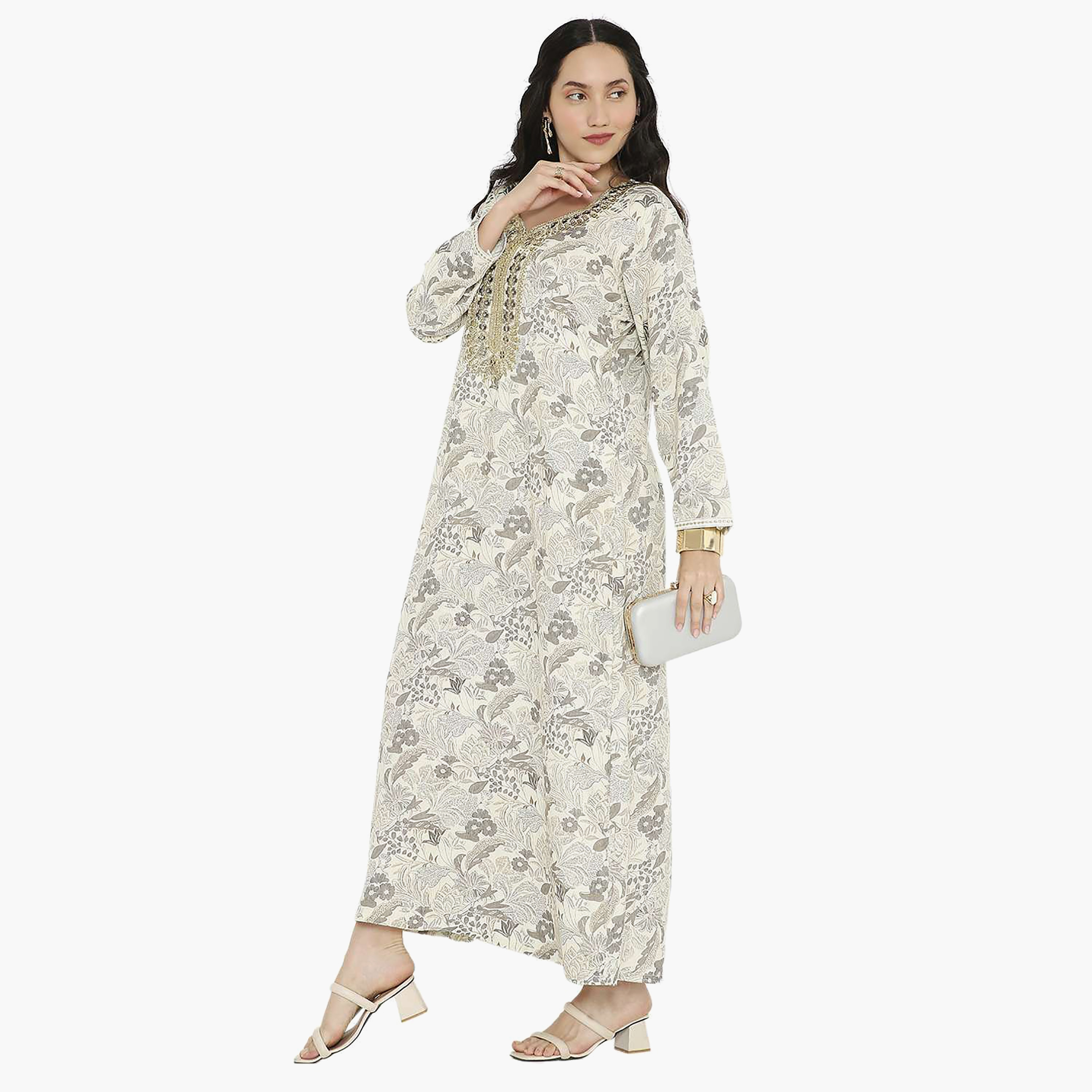 Hana & Sara Printed Embroidered Knot Neck Detail Women's Jalabiya-women-arabicclothing-jalabiyas-image-13