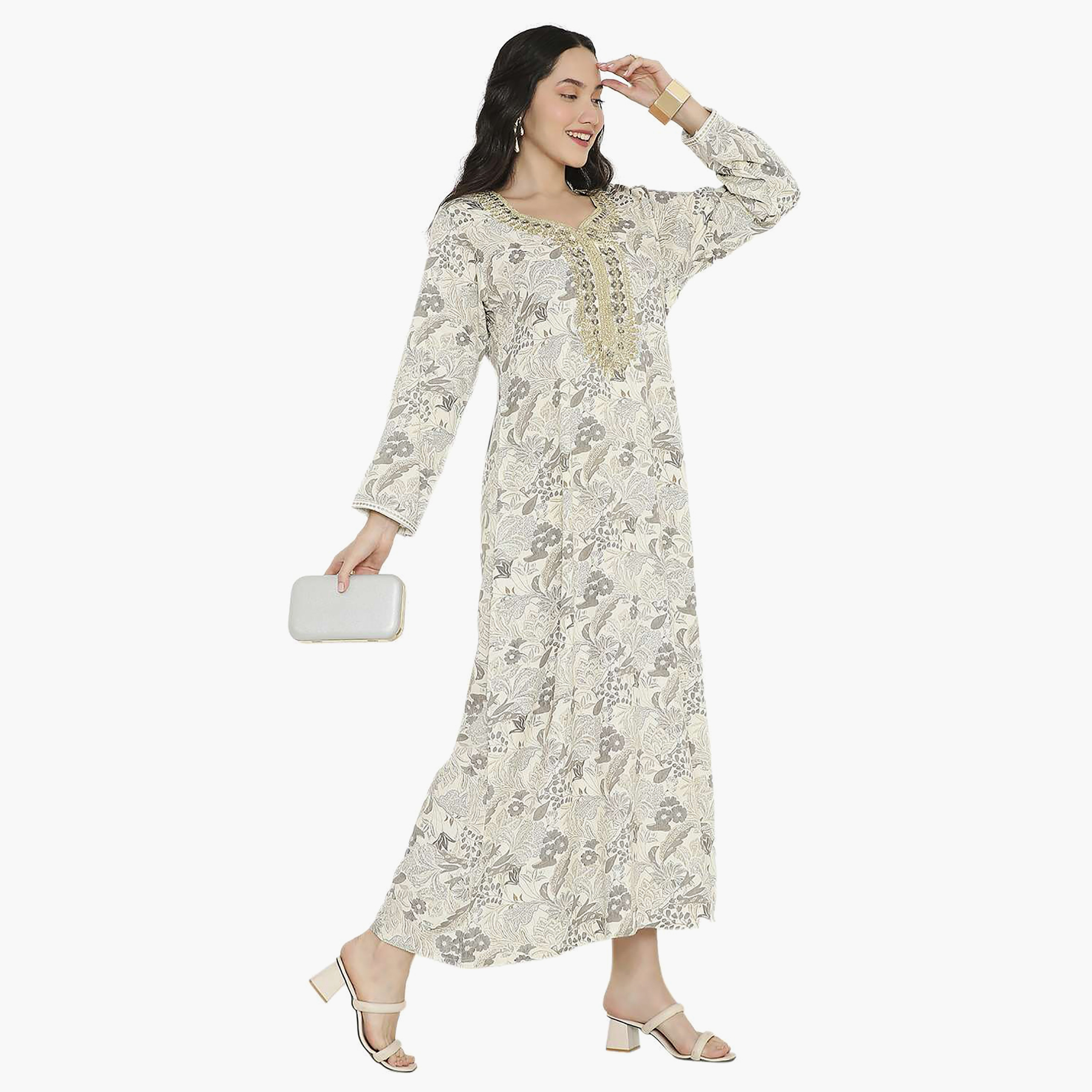 Hana & Sara Printed Embroidered Knot Neck Detail Women's Jalabiya-women-arabicclothing-jalabiyas-image-14