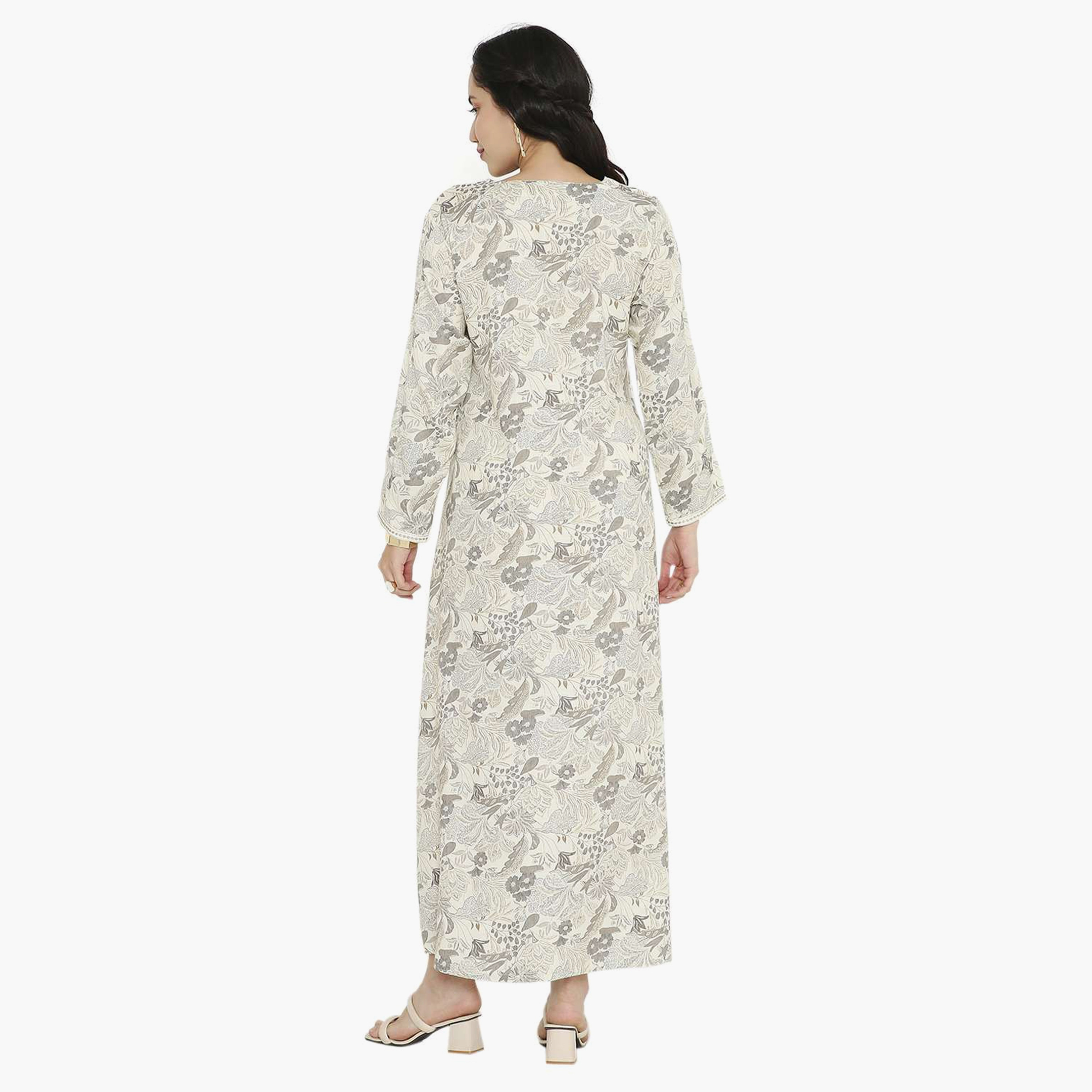 Hana & Sara Printed Embroidered Knot Neck Detail Women's Jalabiya-women-arabicclothing-jalabiyas-image-15