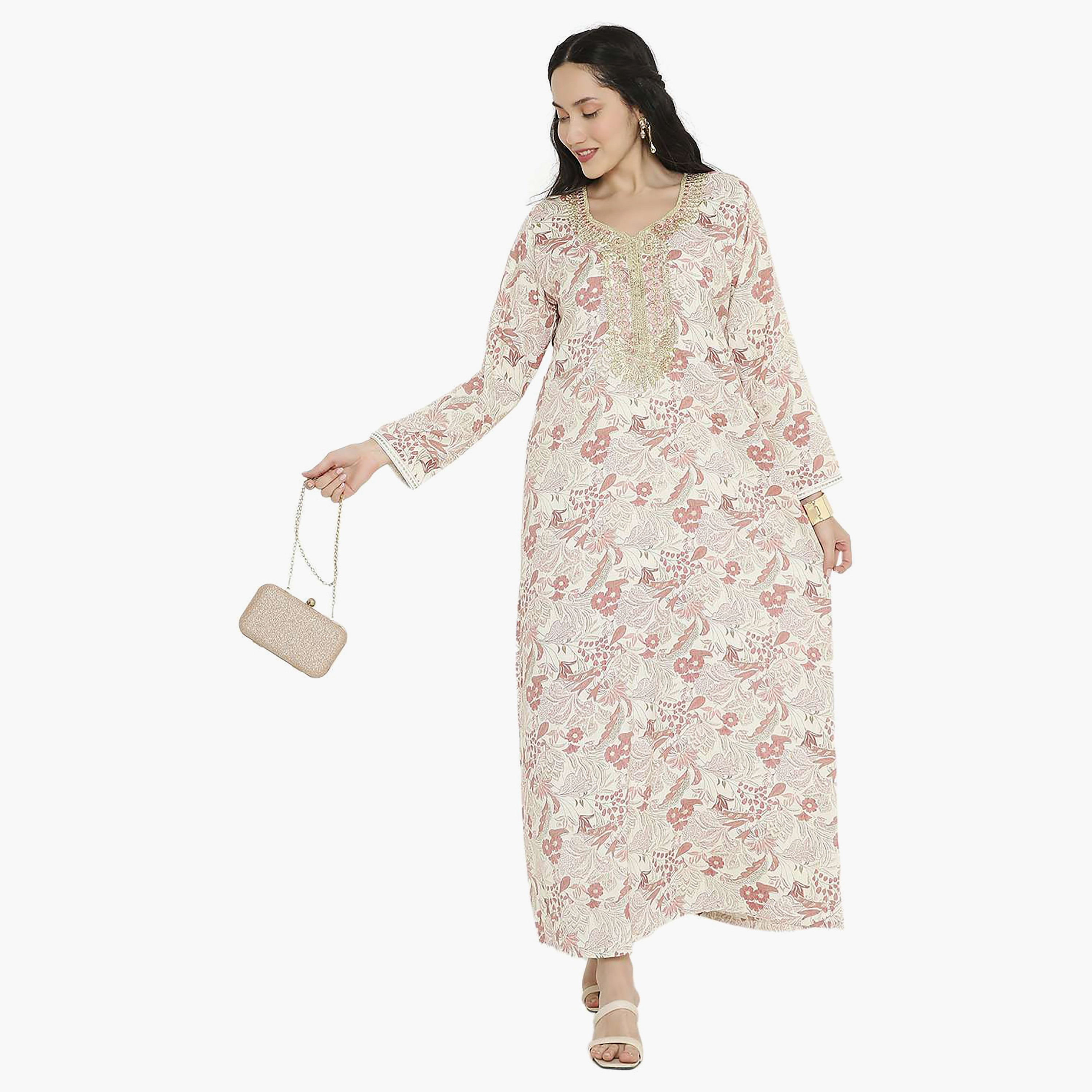 Hana & Sara Printed Embroidered Knot Neck Detail Women's Jalabiya-women-arabicclothing-jalabiyas-image-16