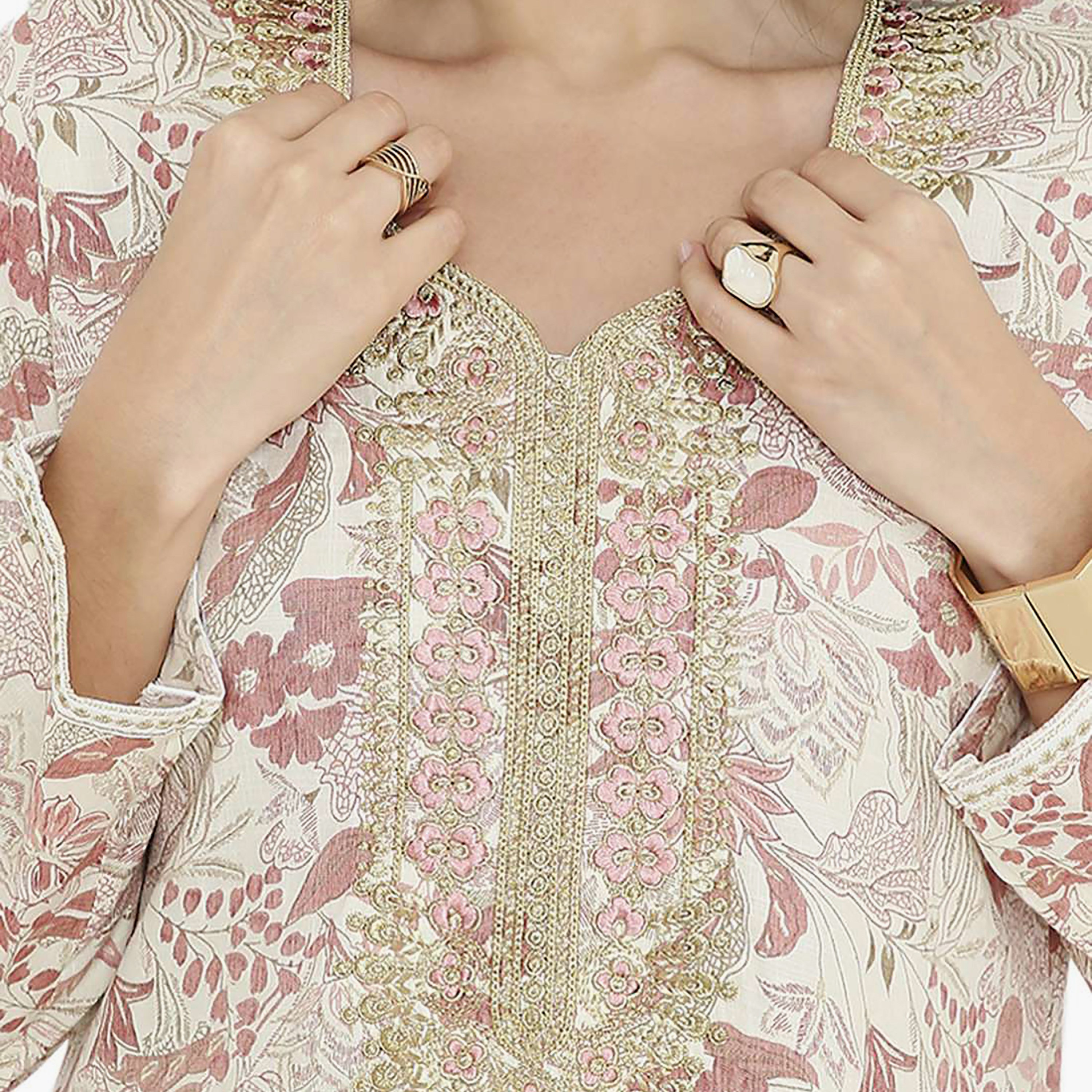 Hana & Sara Printed Embroidered Knot Neck Detail Women's Jalabiya-women-arabicclothing-jalabiyas-image-17