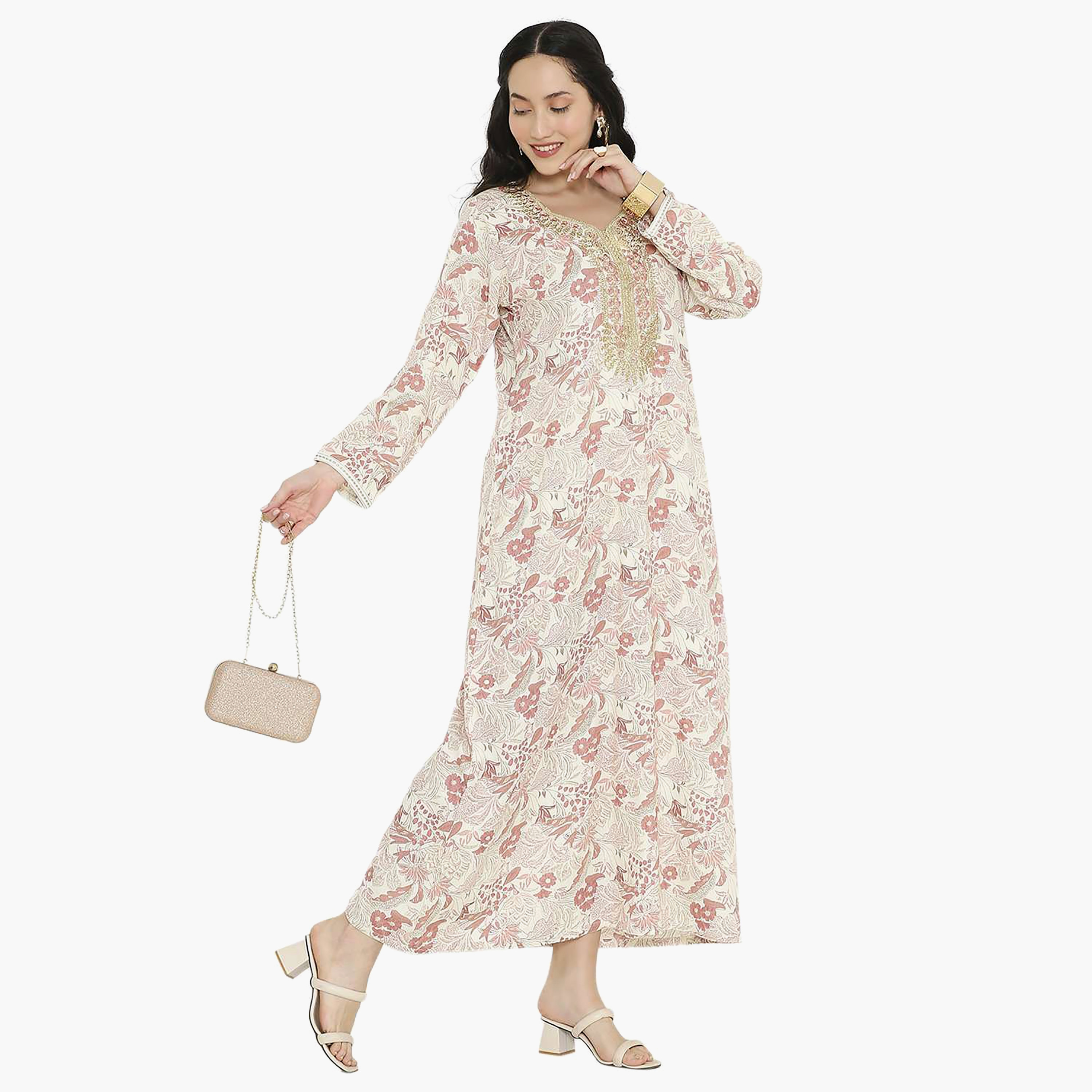 Hana & Sara Printed Embroidered Knot Neck Detail Women's Jalabiya-women-arabicclothing-jalabiyas-image-18