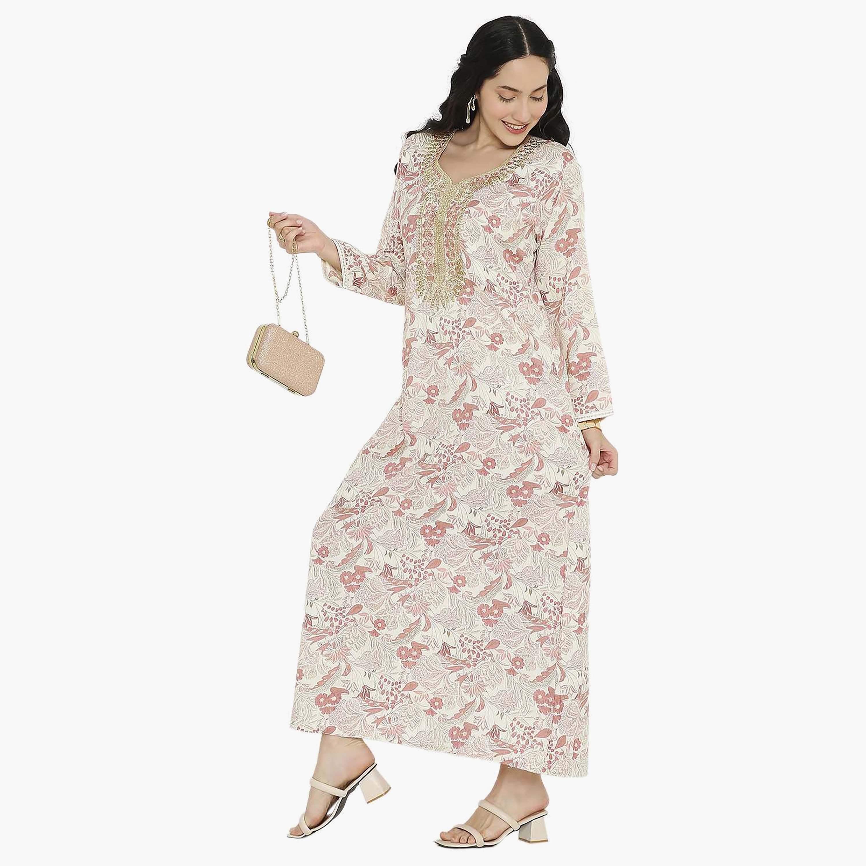 Hana & Sara Printed Embroidered Knot Neck Detail Women's Jalabiya-women-arabicclothing-jalabiyas-image-19