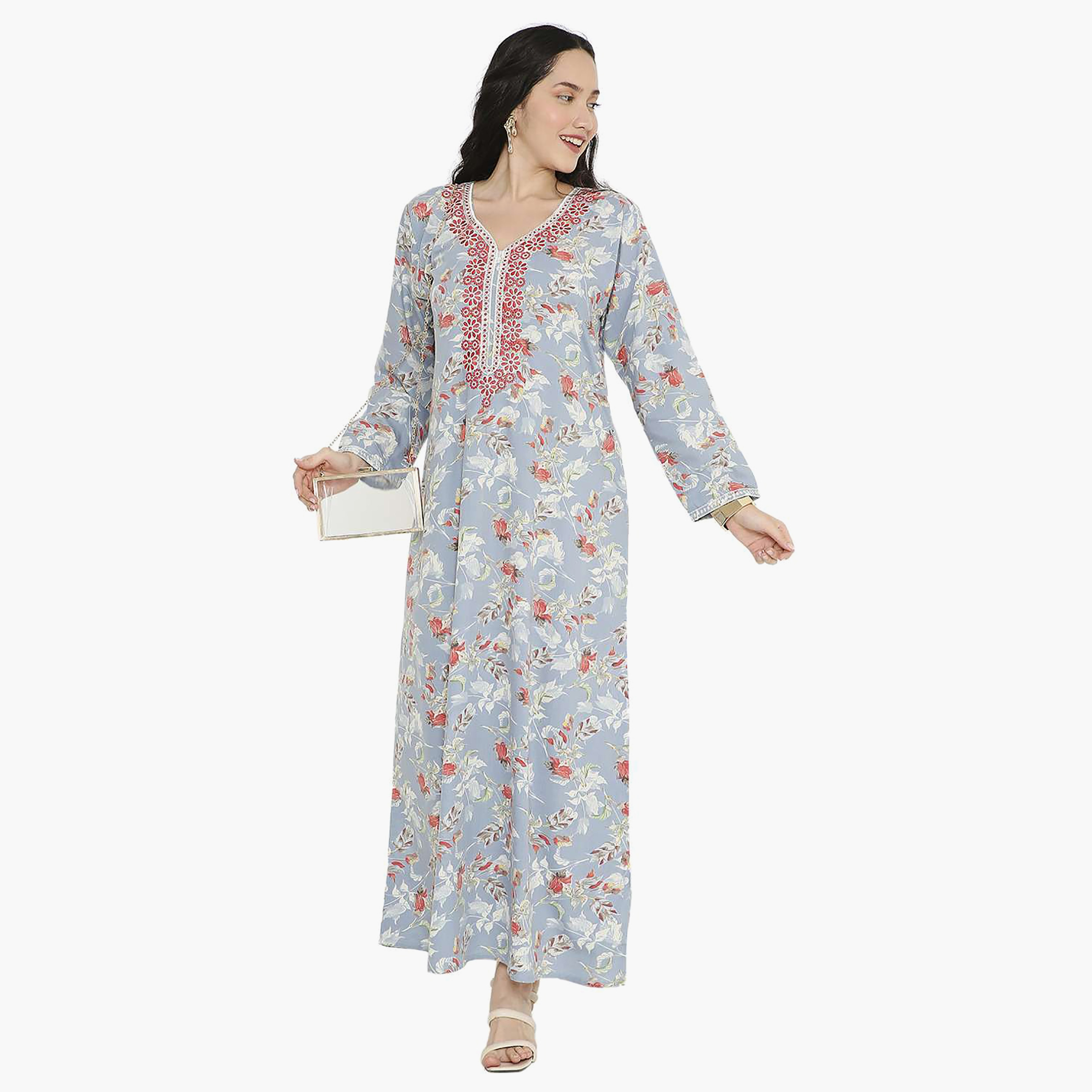 جلابية نسائية مطرزة بالزهور وعقدة عنق من هانا آند سارة-women-arabicclothing-jalabiyas-image-1