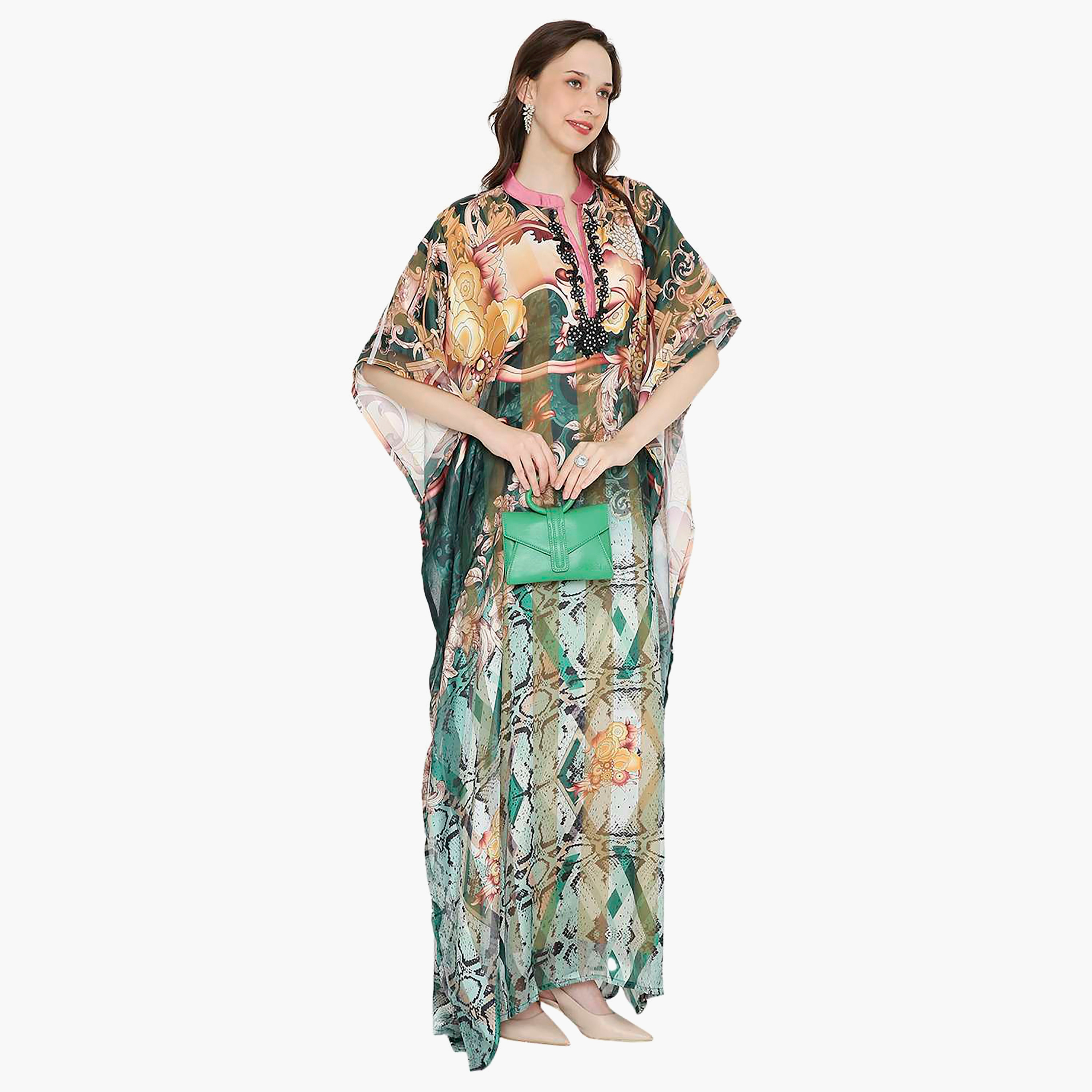 Hana & Sara Multicolour Printed Collared Beaded Knot Neck Flared Sleeves Women's Festive Kaftaan-women-arabicclothing-jalabiyas-image-3