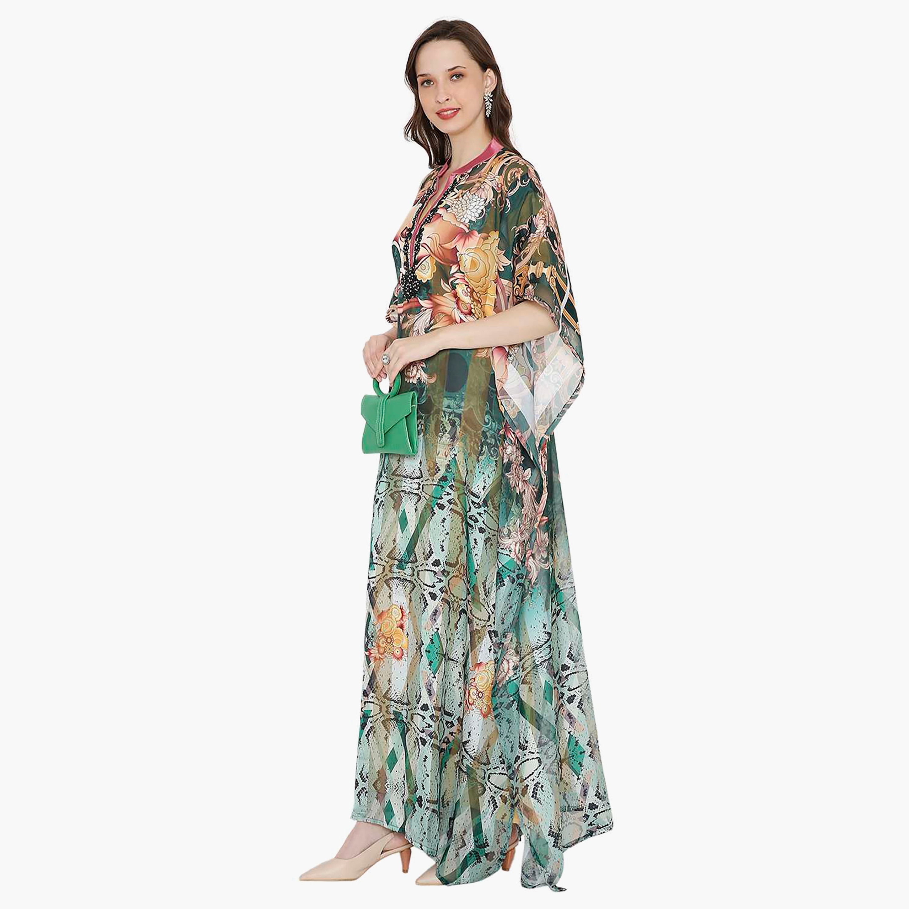 Hana & Sara Multicolour Printed Collared Beaded Knot Neck Flared Sleeves Women's Festive Kaftaan-women-arabicclothing-jalabiyas-image-4
