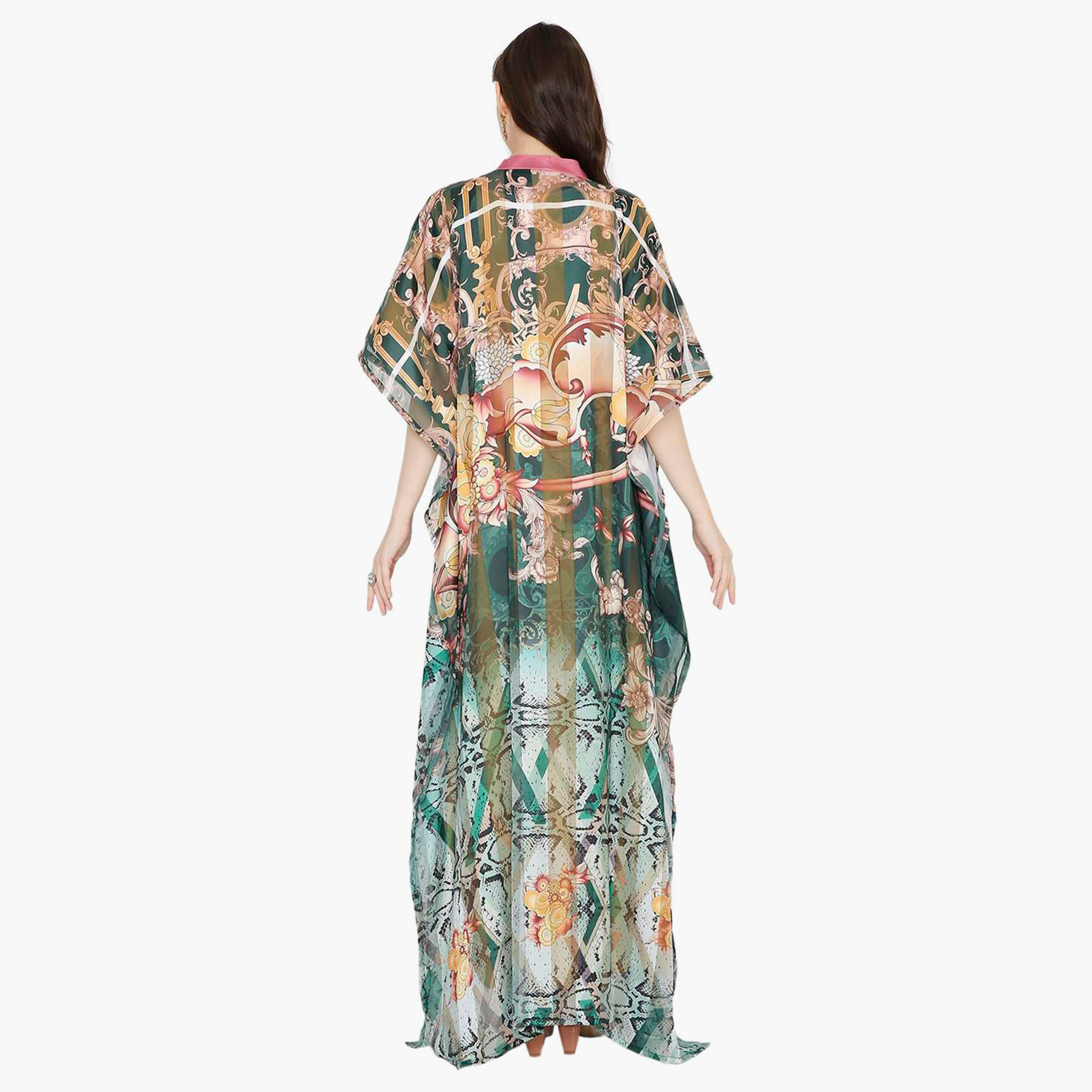 Hana & Sara Multicolour Printed Collared Beaded Knot Neck Flared Sleeves Women's Festive Kaftaan-women-arabicclothing-jalabiyas-image-5