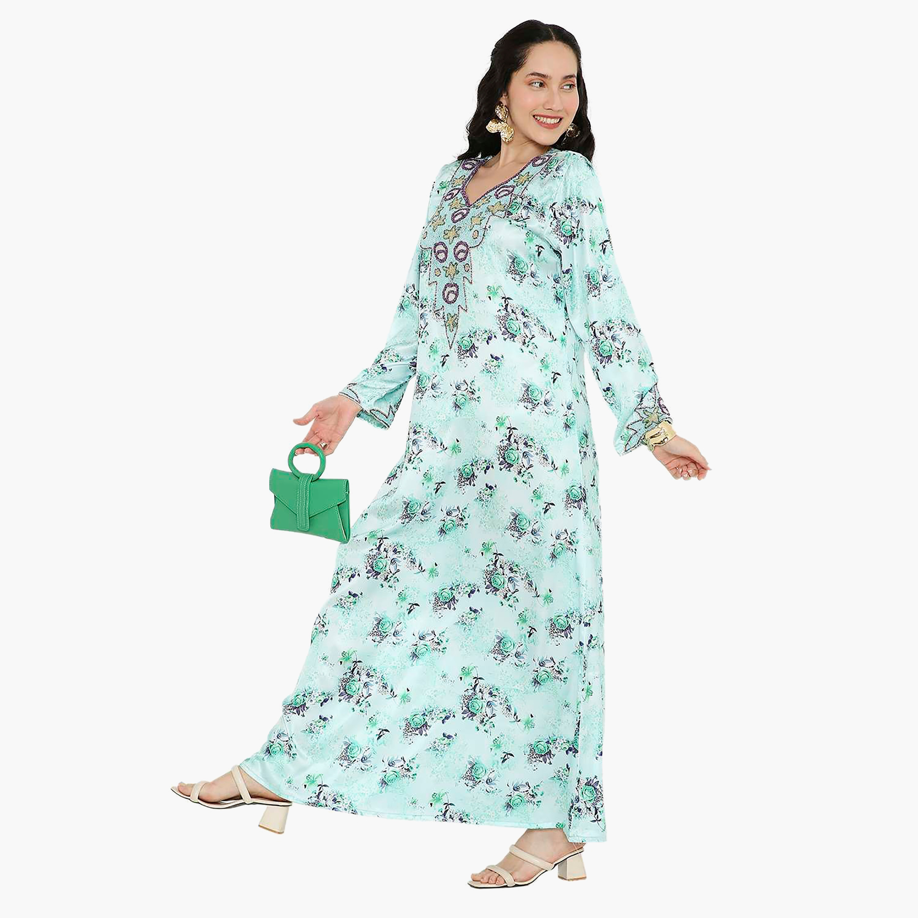 Hana & Sara Floral Embellished Beaded Knot Neck Detail Evening Women's Mukhawar-women-arabicclothing-jalabiyas-image-3