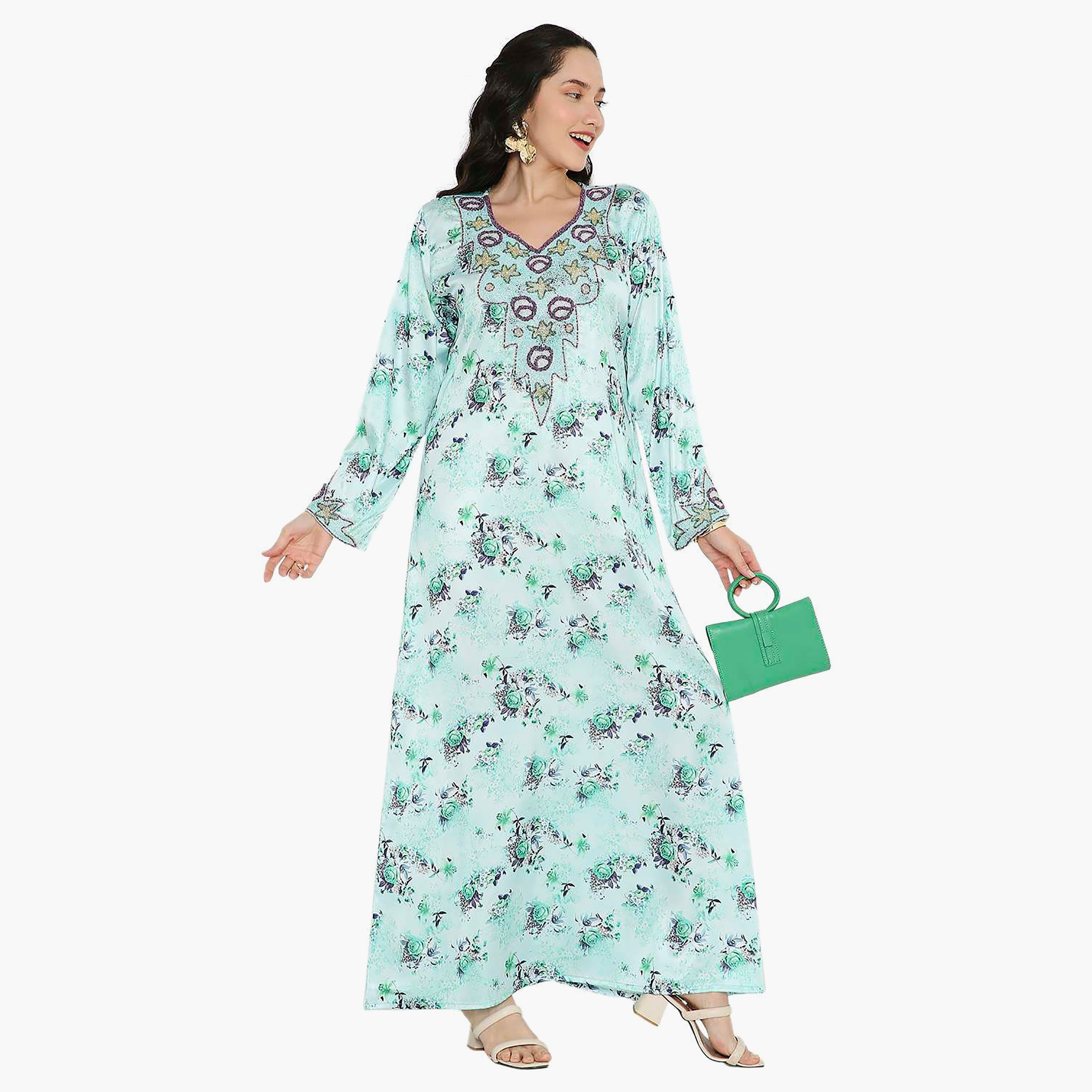 Hana & Sara Floral Embellished Beaded Knot Neck Detail Evening Women's Mukhawar-women-arabicclothing-jalabiyas-image-4