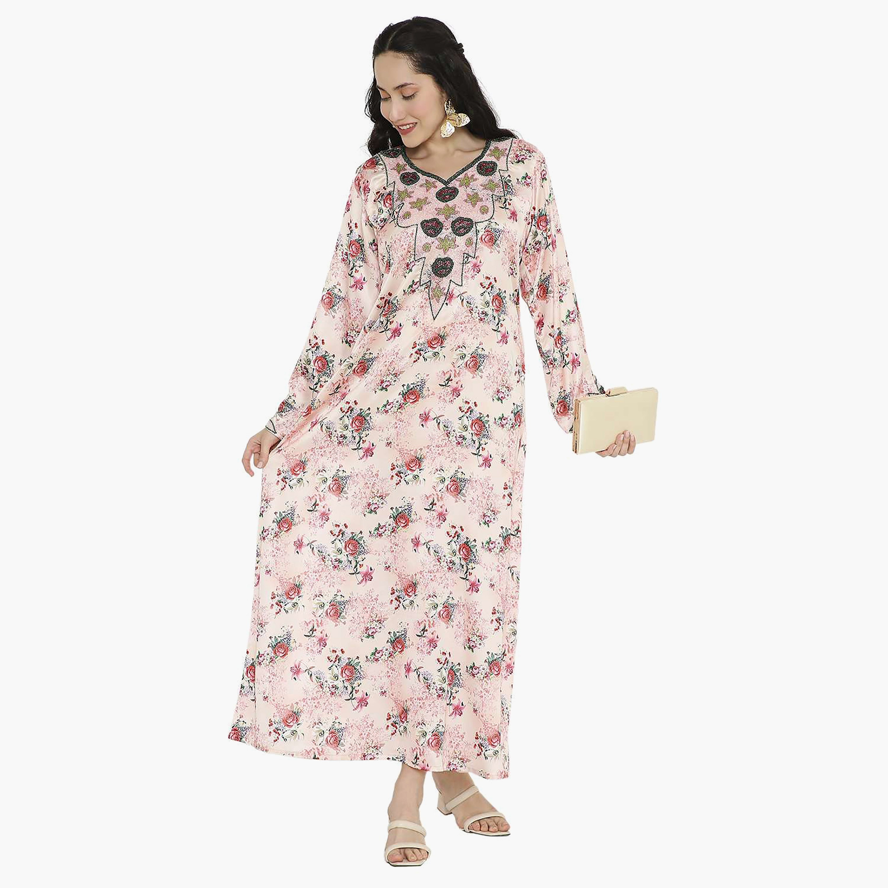 مخور سهرة نسائي مزين بالزهور ومزين بالخرز وتفاصيل عقدة عند الرقبة من هانا آند سارة-women-arabicclothing-jalabiyas-image-6