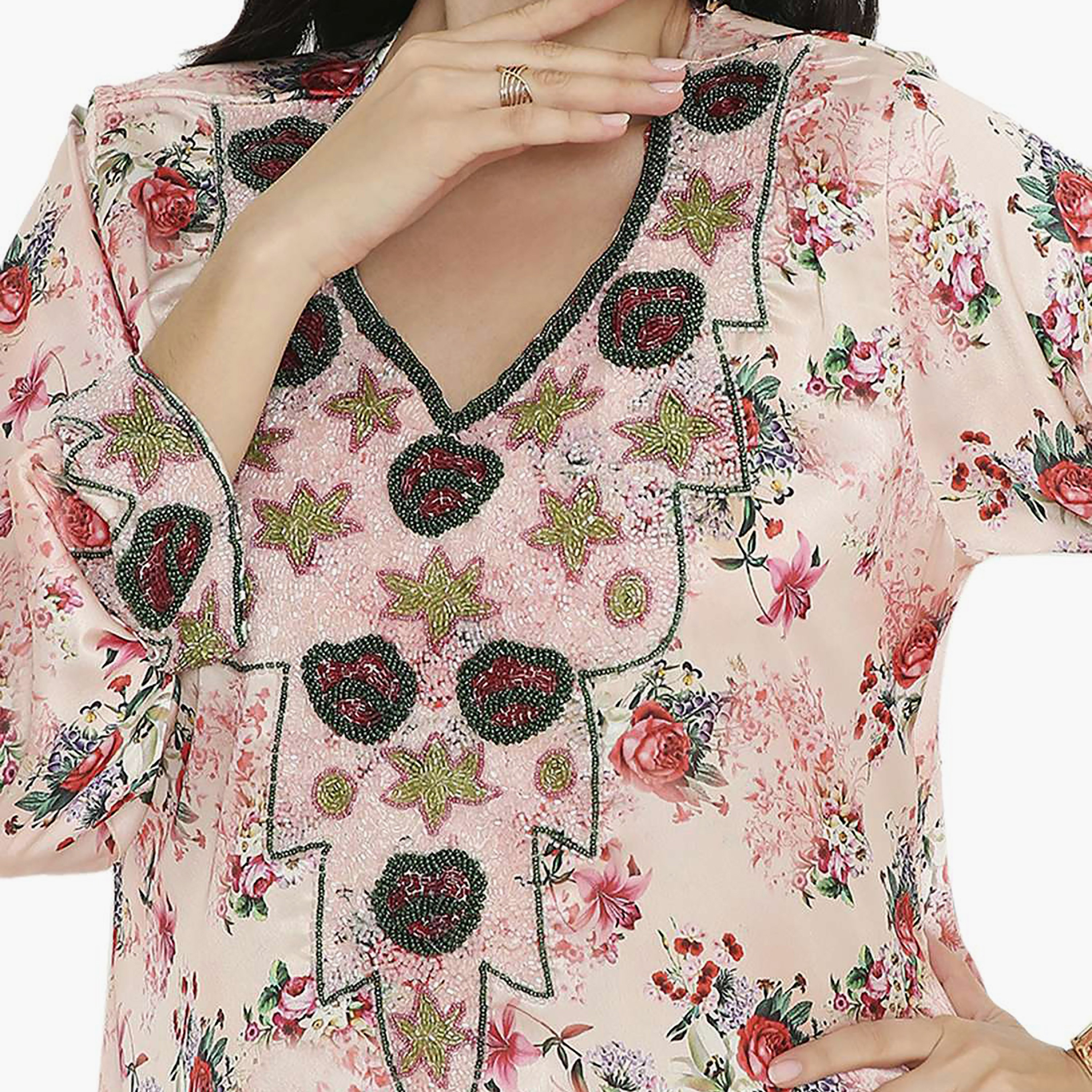 مخور سهرة نسائي مزين بالزهور ومزين بالخرز وتفاصيل عقدة عند الرقبة من هانا آند سارة-women-arabicclothing-jalabiyas-image-7