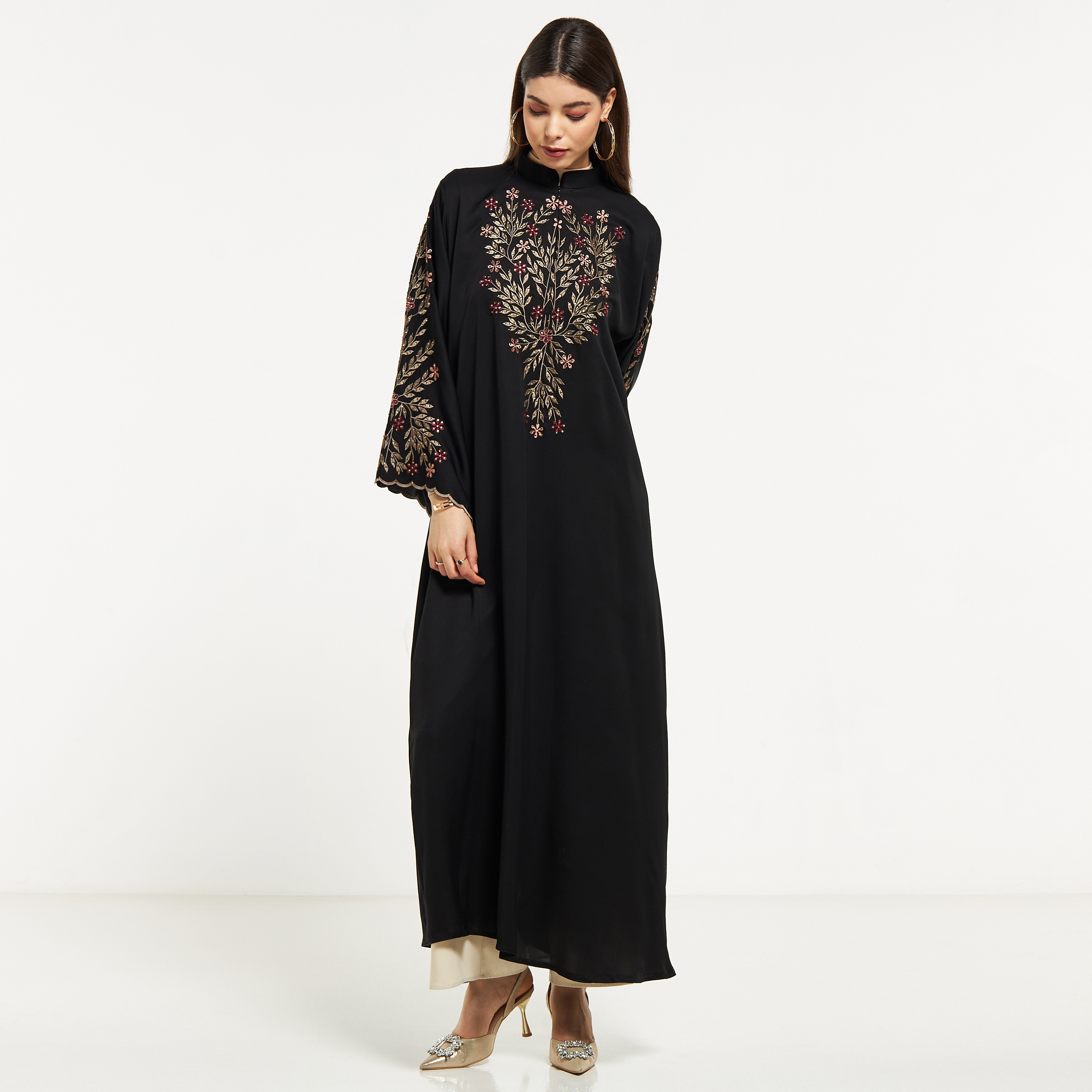 Nukhbaa Floral Embroidered Abaya with Hijab-women-arabicclothing-abayas-image-1