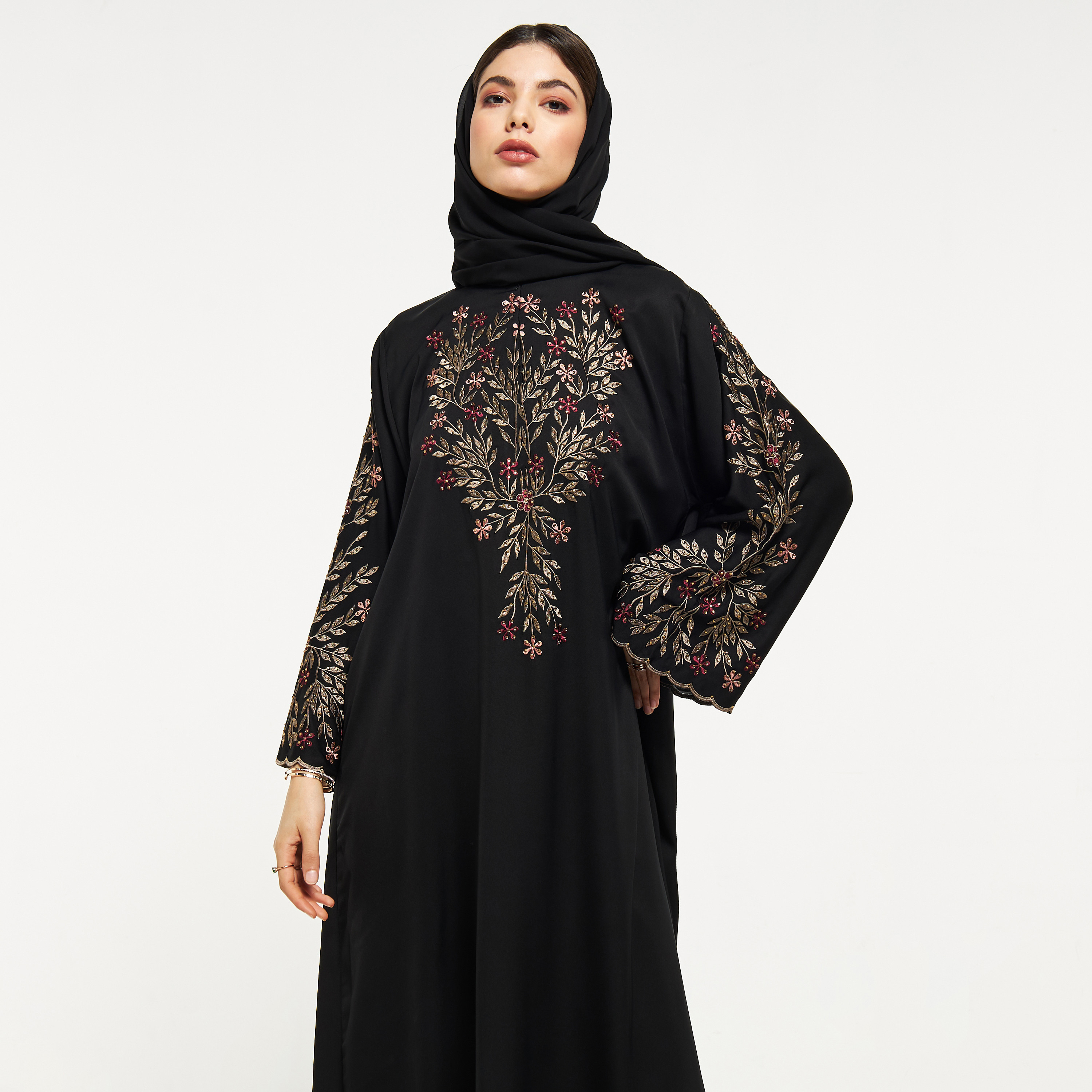 Nukhbaa Floral Embroidered Abaya with Hijab-women-arabicclothing-abayas-image-2
