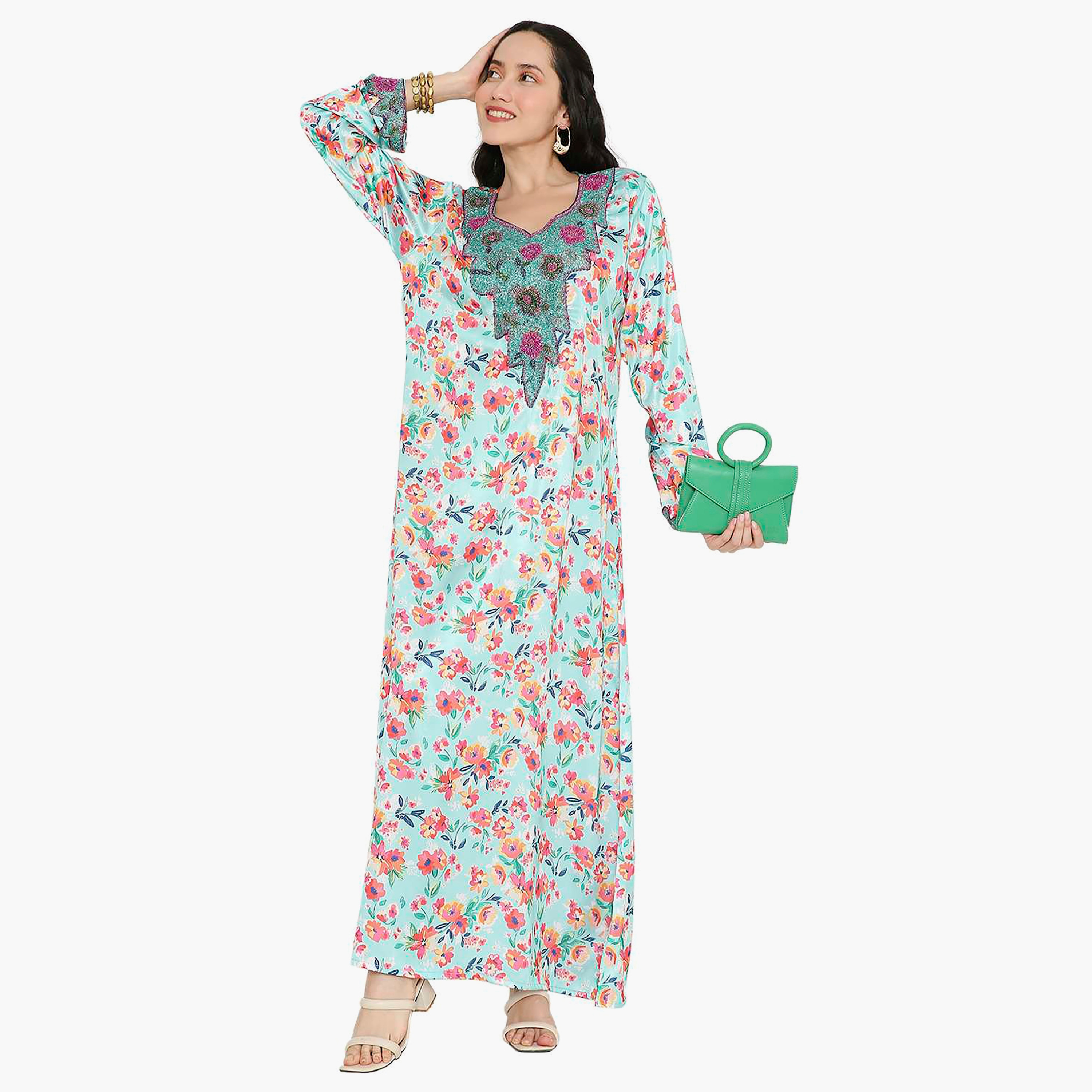 مخور سهرة نسائي مزين بالزهور ومزين بالخرز وتفاصيل عقدة عند الرقبة من هانا آند سارة-women-arabicclothing-jalabiyas-image-1