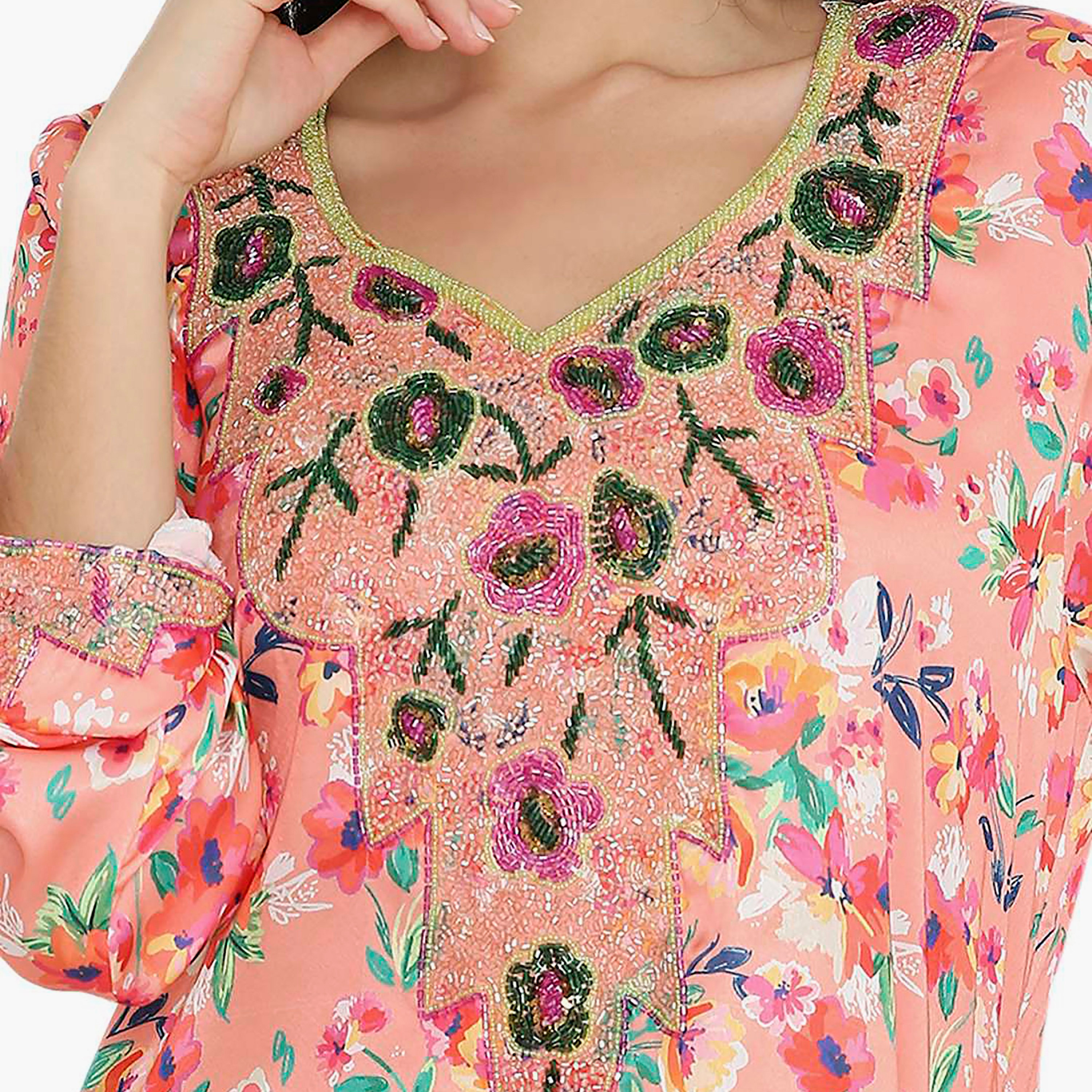 مخور سهرة نسائي مزين بالزهور ومزين بالخرز وتفاصيل عقدة عند الرقبة من هانا آند سارة-women-arabicclothing-jalabiyas-image-12