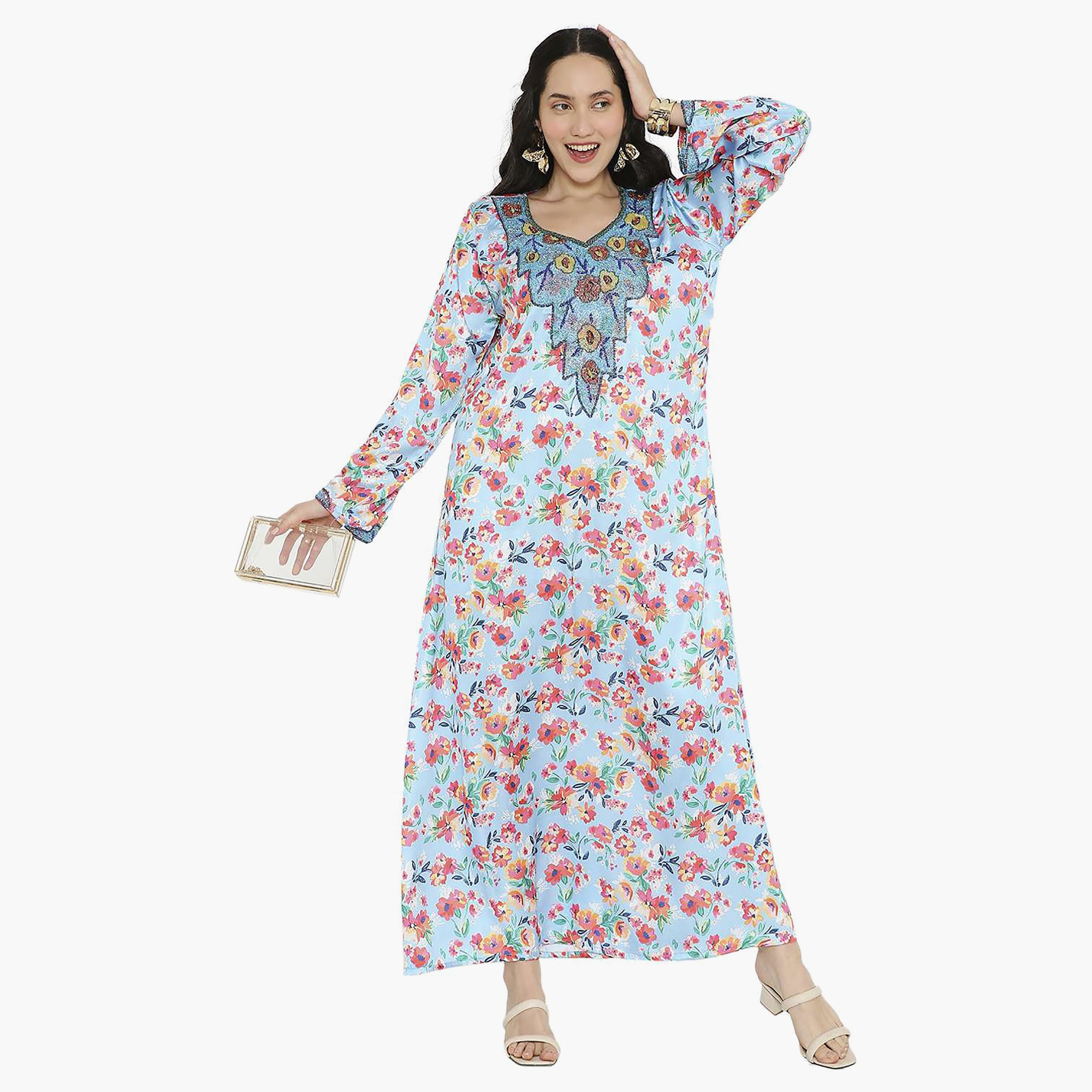 Hana & Sara Floral Embellished Beaded Knot Neck Detail Evening Women's Mukhawar-women-arabicclothing-jalabiyas-image-1