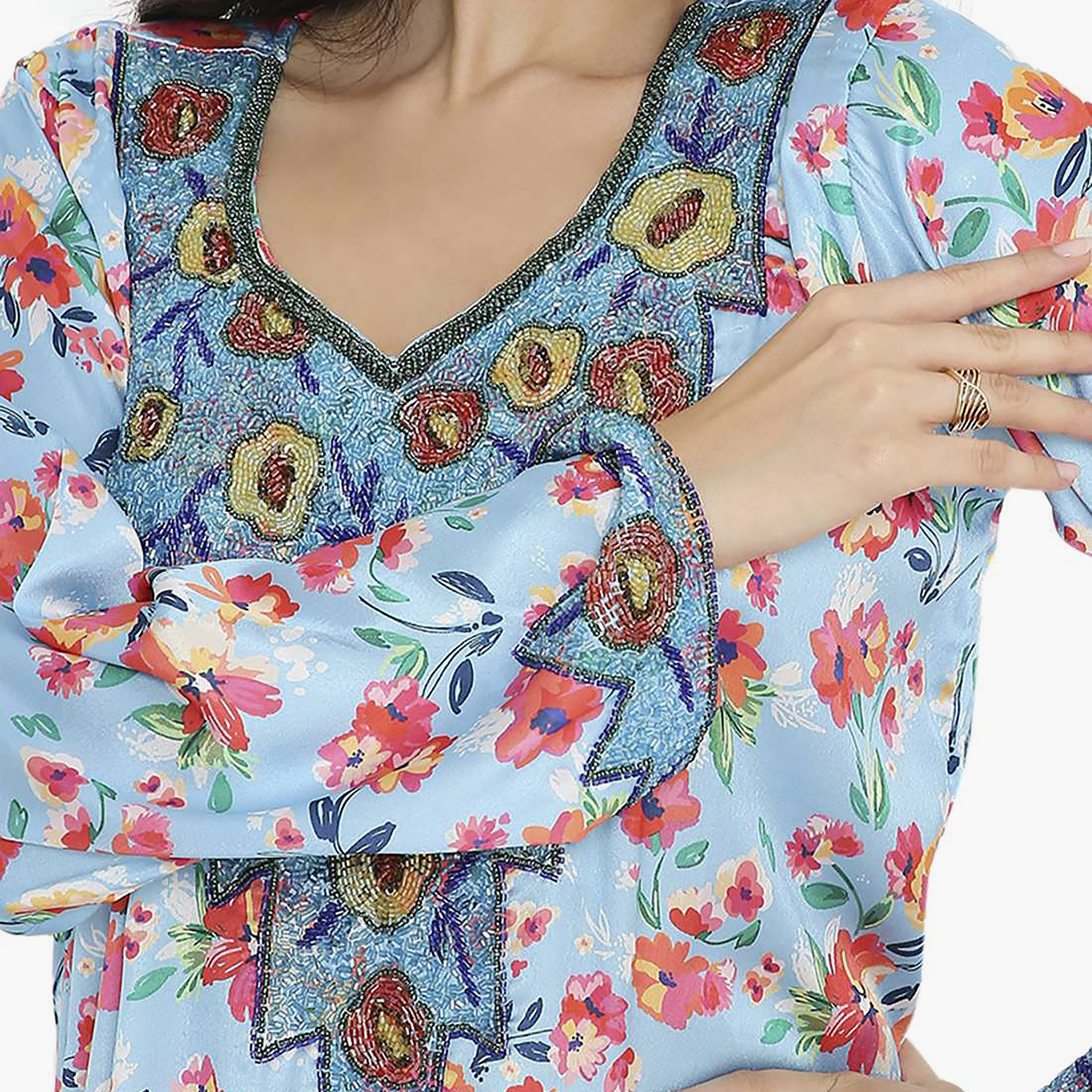Hana & Sara Floral Embellished Beaded Knot Neck Detail Evening Women's Mukhawar-women-arabicclothing-jalabiyas-image-2