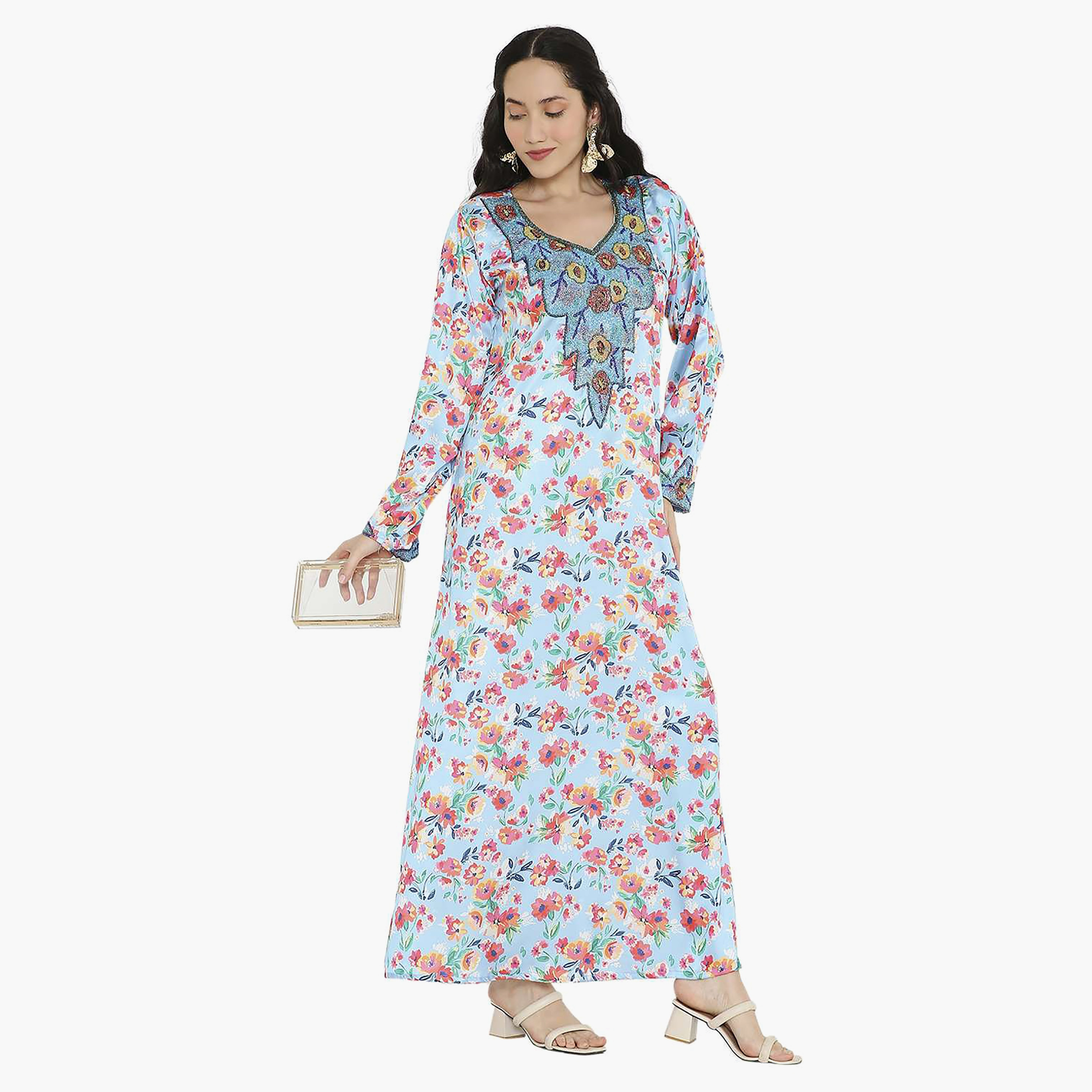 Hana & Sara Floral Embellished Beaded Knot Neck Detail Evening Women's Mukhawar-women-arabicclothing-jalabiyas-image-4