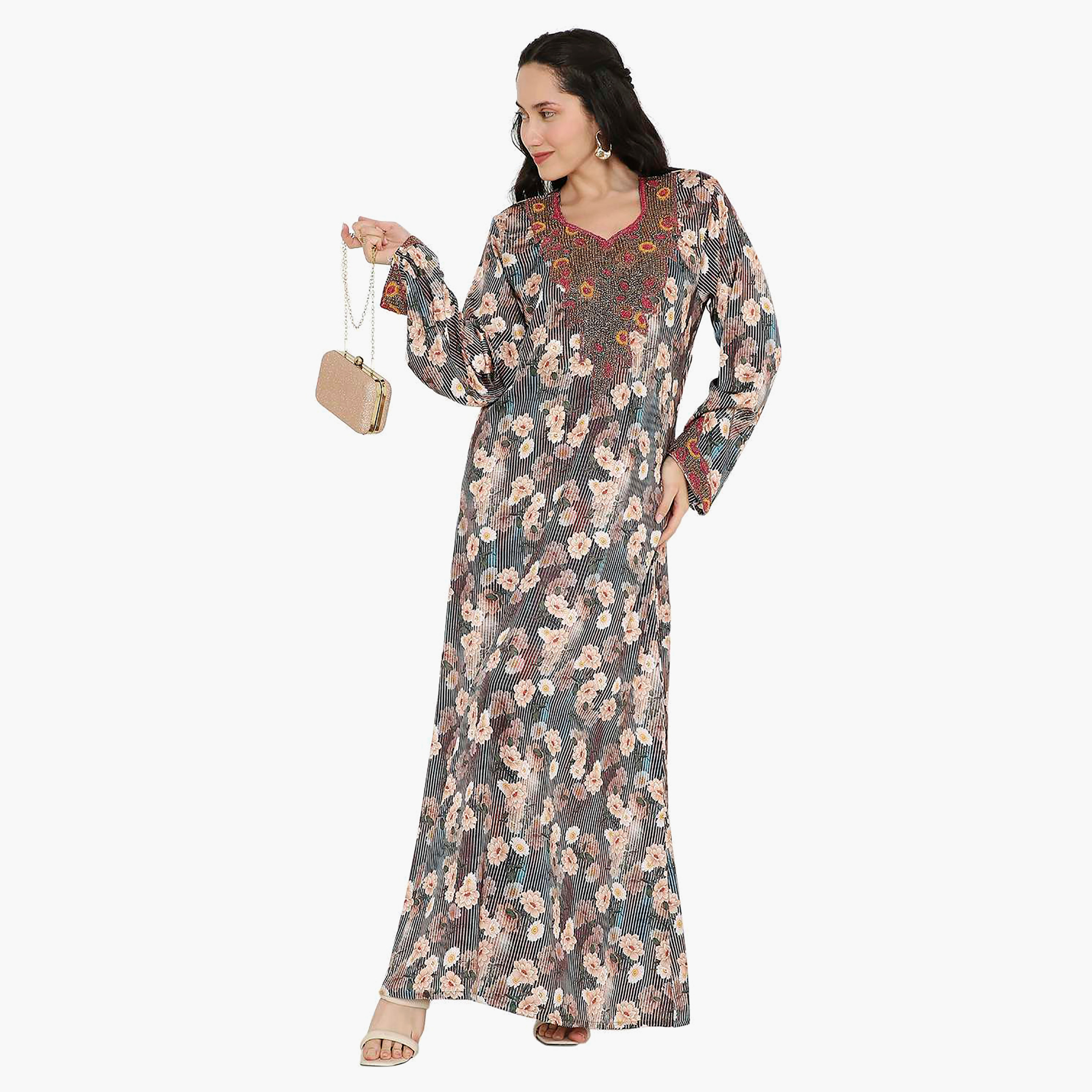 Hana & Sara Floral Embellished Beaded Knot Neck Detail Evening Women's Mukhawar-women-arabicclothing-jalabiyas-image-1