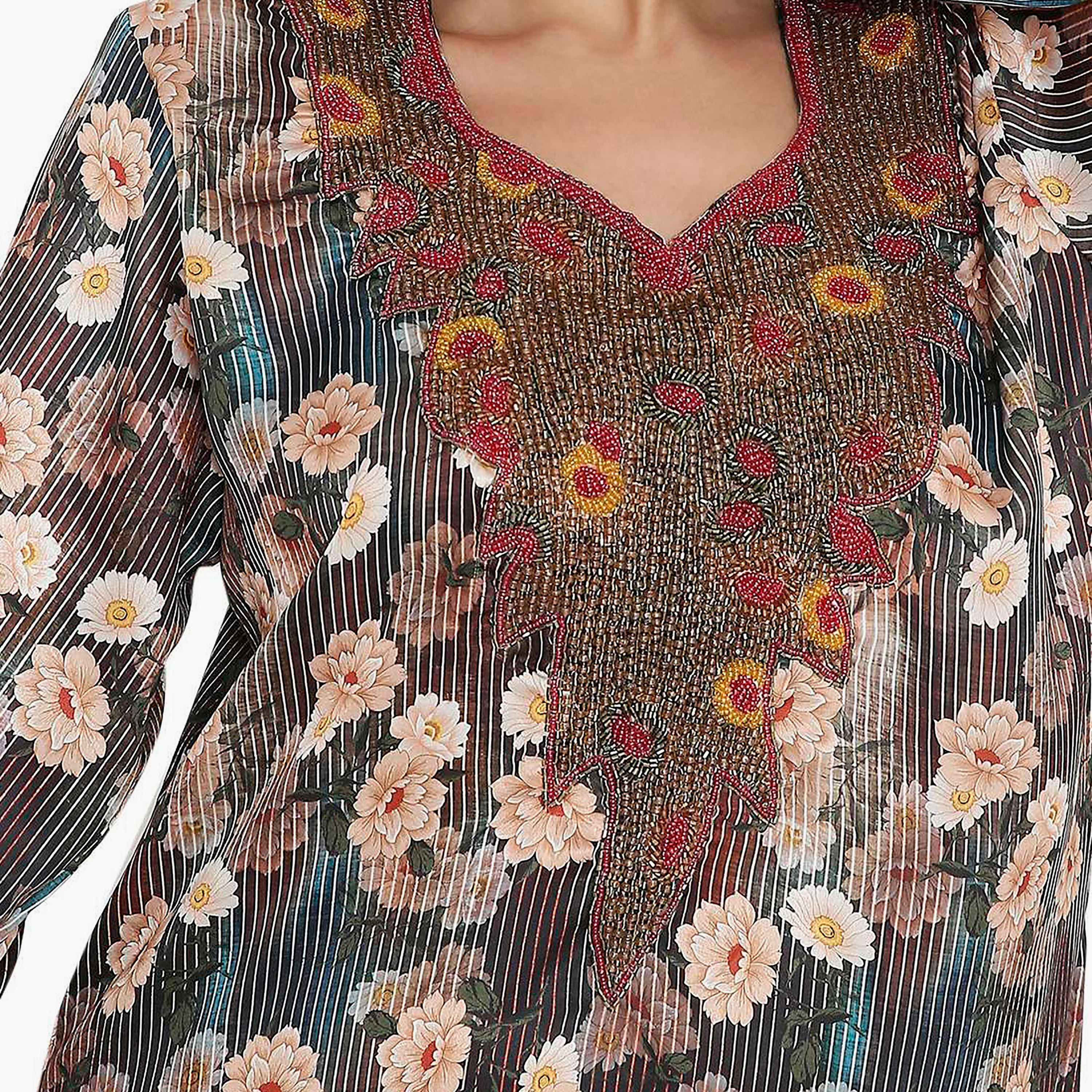 مخور سهرة نسائي مزين بالزهور ومزين بالخرز وتفاصيل عقدة عند الرقبة من هانا آند سارة-women-arabicclothing-jalabiyas-image-2