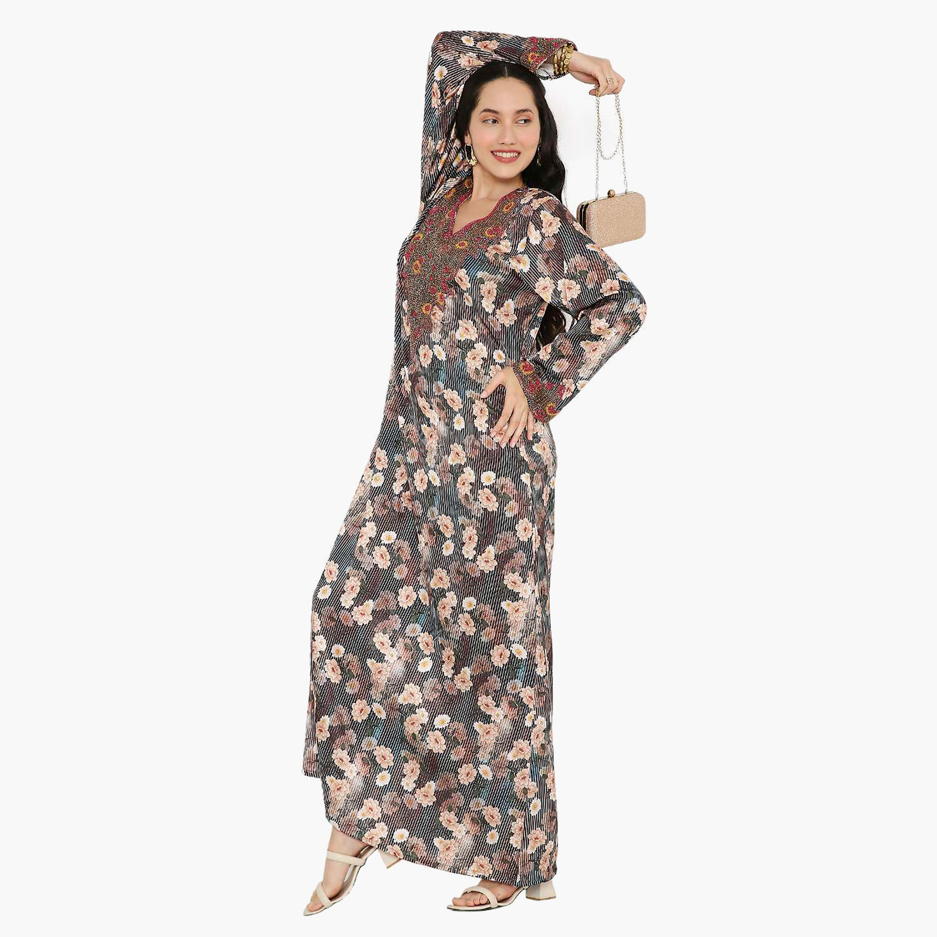 Hana & Sara Floral Embellished Beaded Knot Neck Detail Evening Women's Mukhawar-women-arabicclothing-jalabiyas-image-3