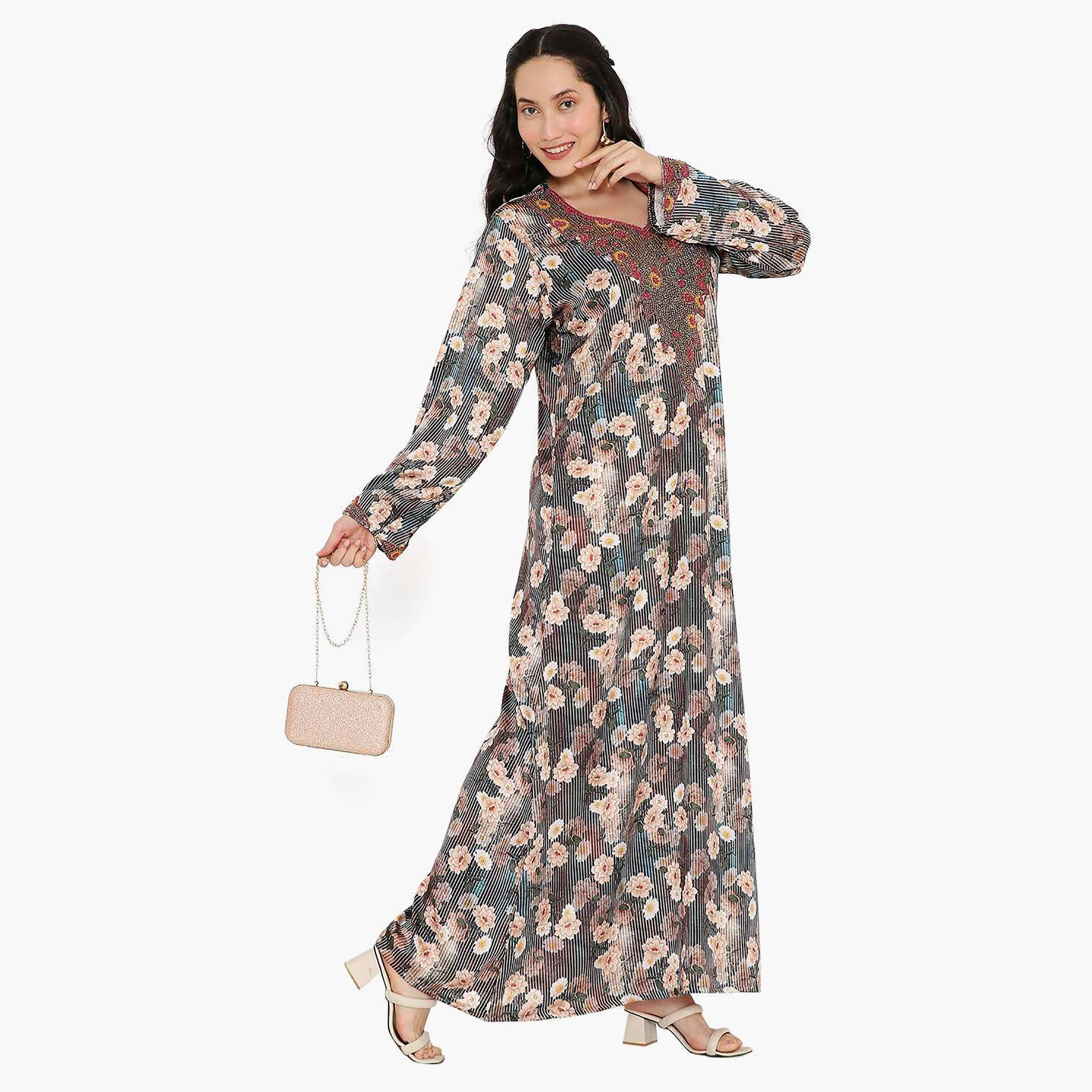 Hana & Sara Floral Embellished Beaded Knot Neck Detail Evening Women's Mukhawar-women-arabicclothing-jalabiyas-image-4