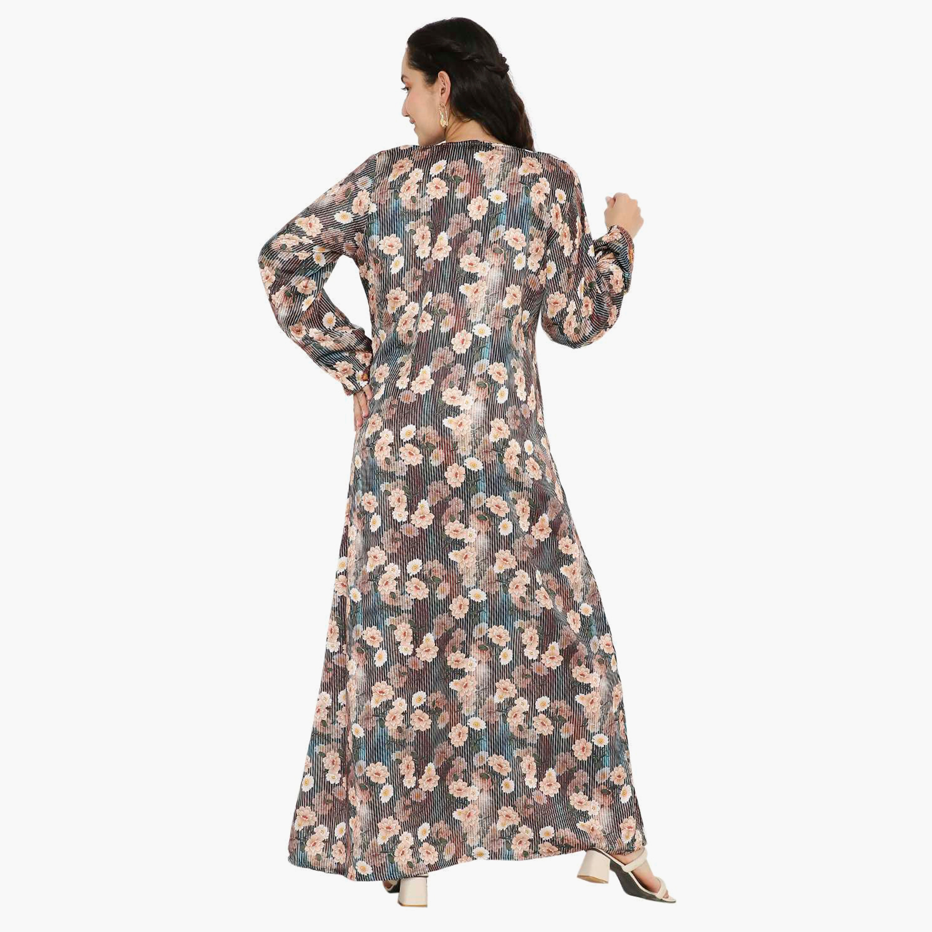 Hana & Sara Floral Embellished Beaded Knot Neck Detail Evening Women's Mukhawar-women-arabicclothing-jalabiyas-image-5