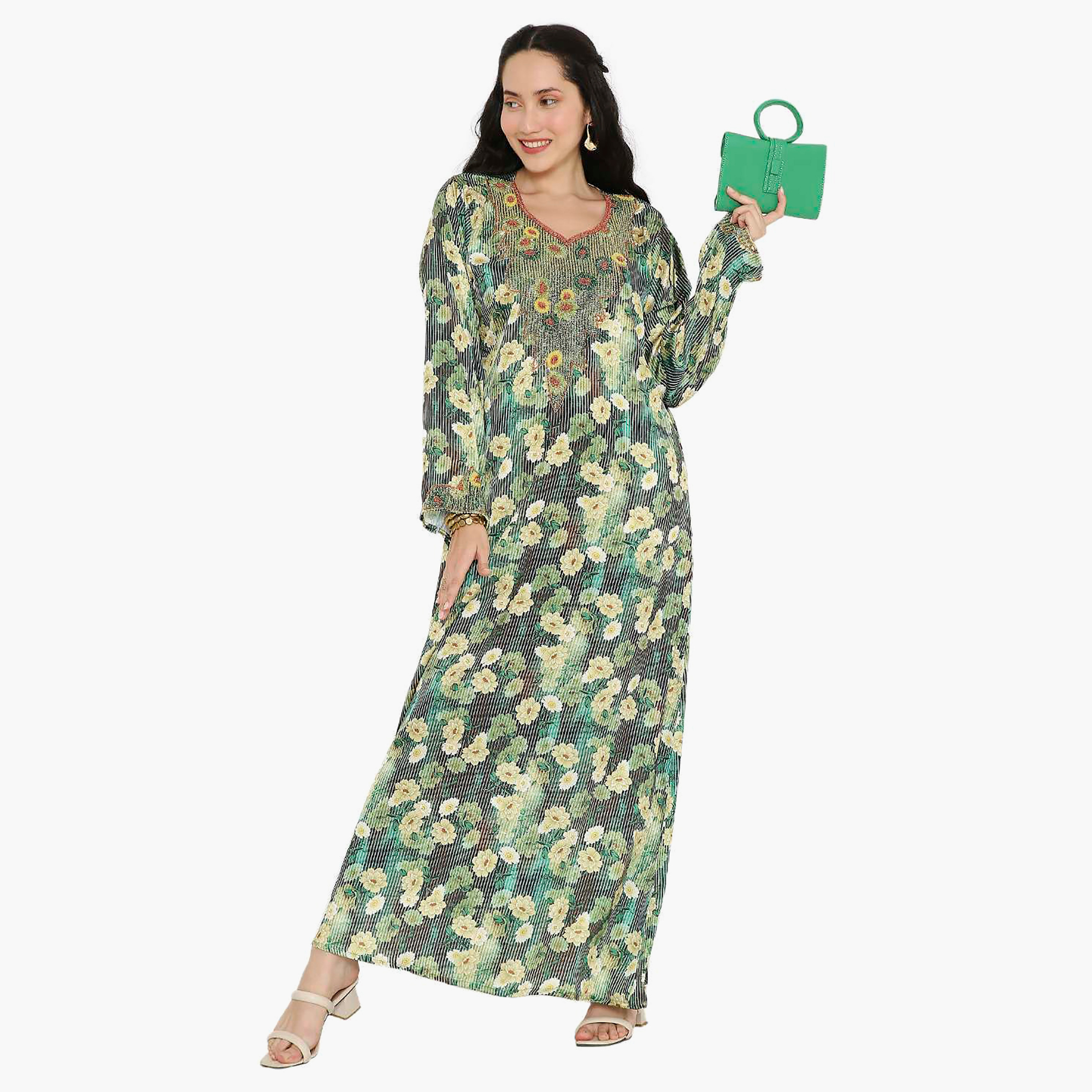 مخور سهرة نسائي مزين بالزهور ومزين بالخرز وتفاصيل عقدة عند الرقبة من هانا آند سارة-women-arabicclothing-jalabiyas-image-6