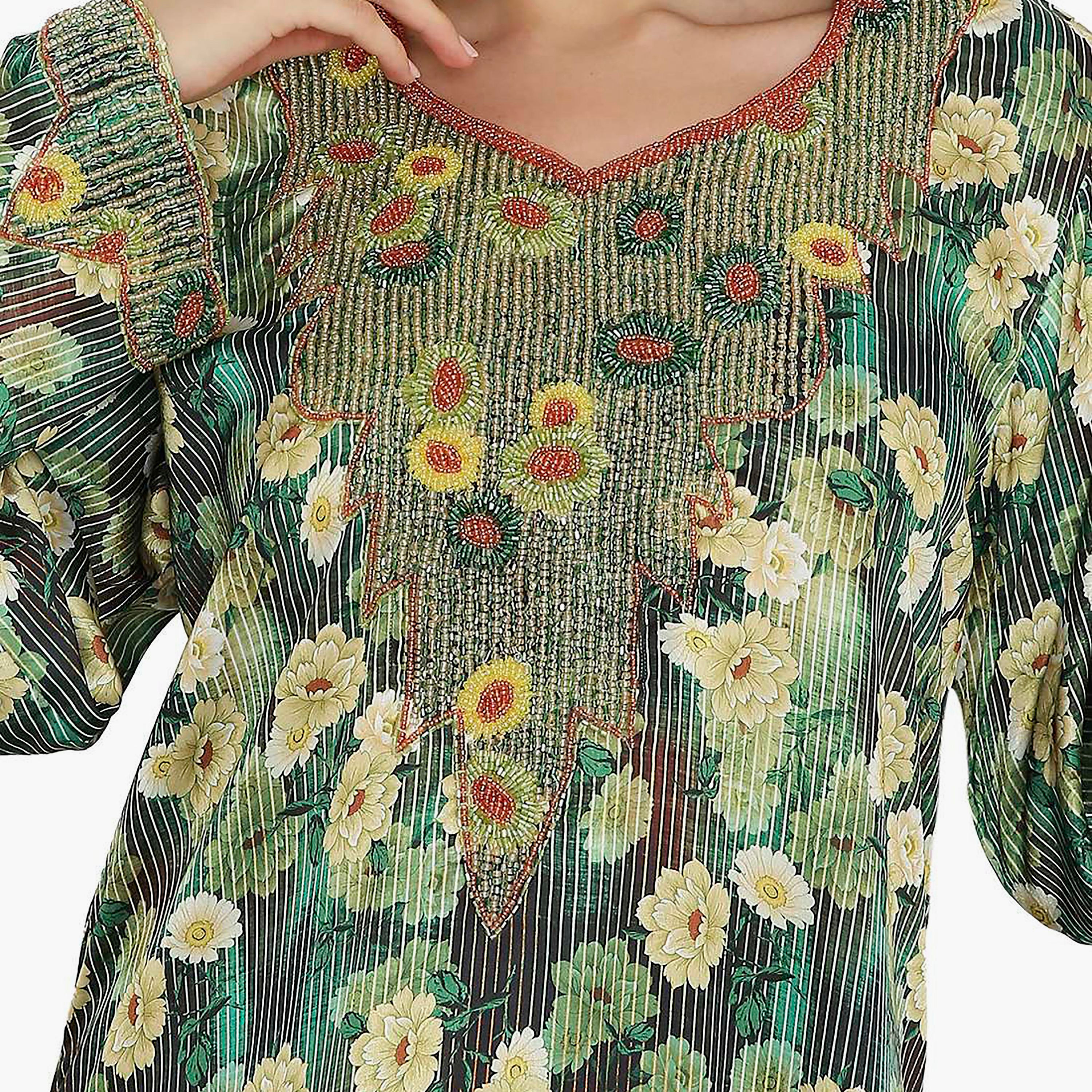 مخور سهرة نسائي مزين بالزهور ومزين بالخرز وتفاصيل عقدة عند الرقبة من هانا آند سارة-women-arabicclothing-jalabiyas-image-7