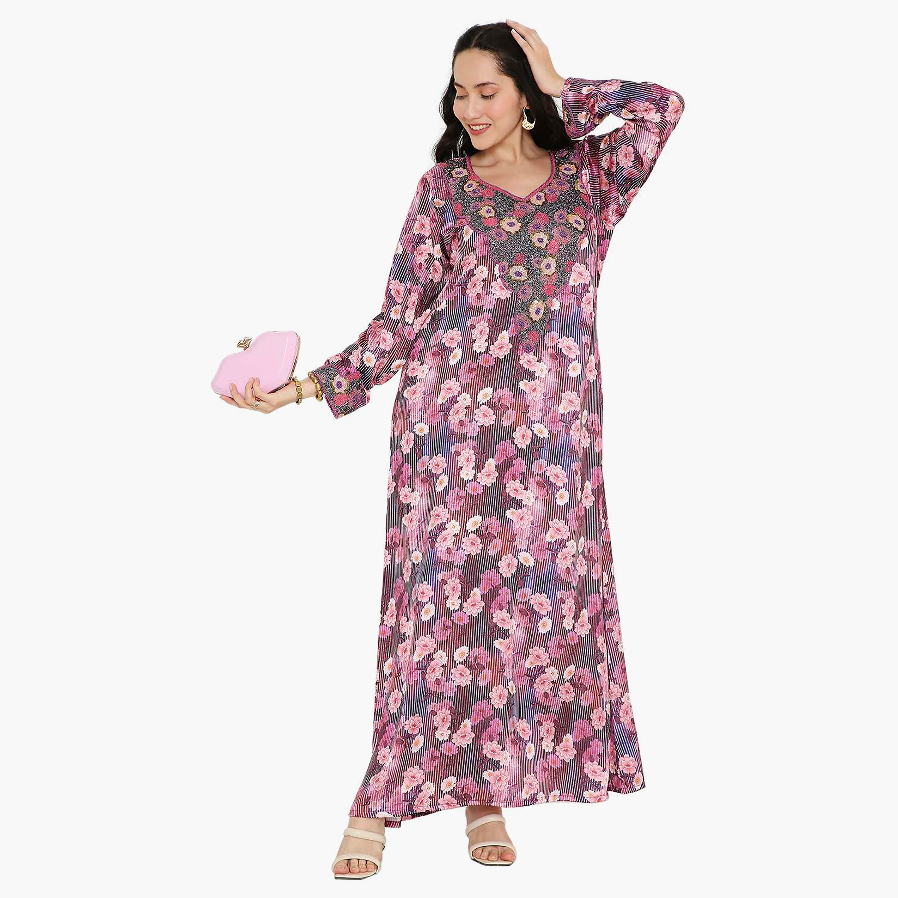 مخور سهرة نسائي مزين بالزهور ومزين بالخرز وتفاصيل عقدة عند الرقبة من هانا آند سارة-women-arabicclothing-jalabiyas-image-11