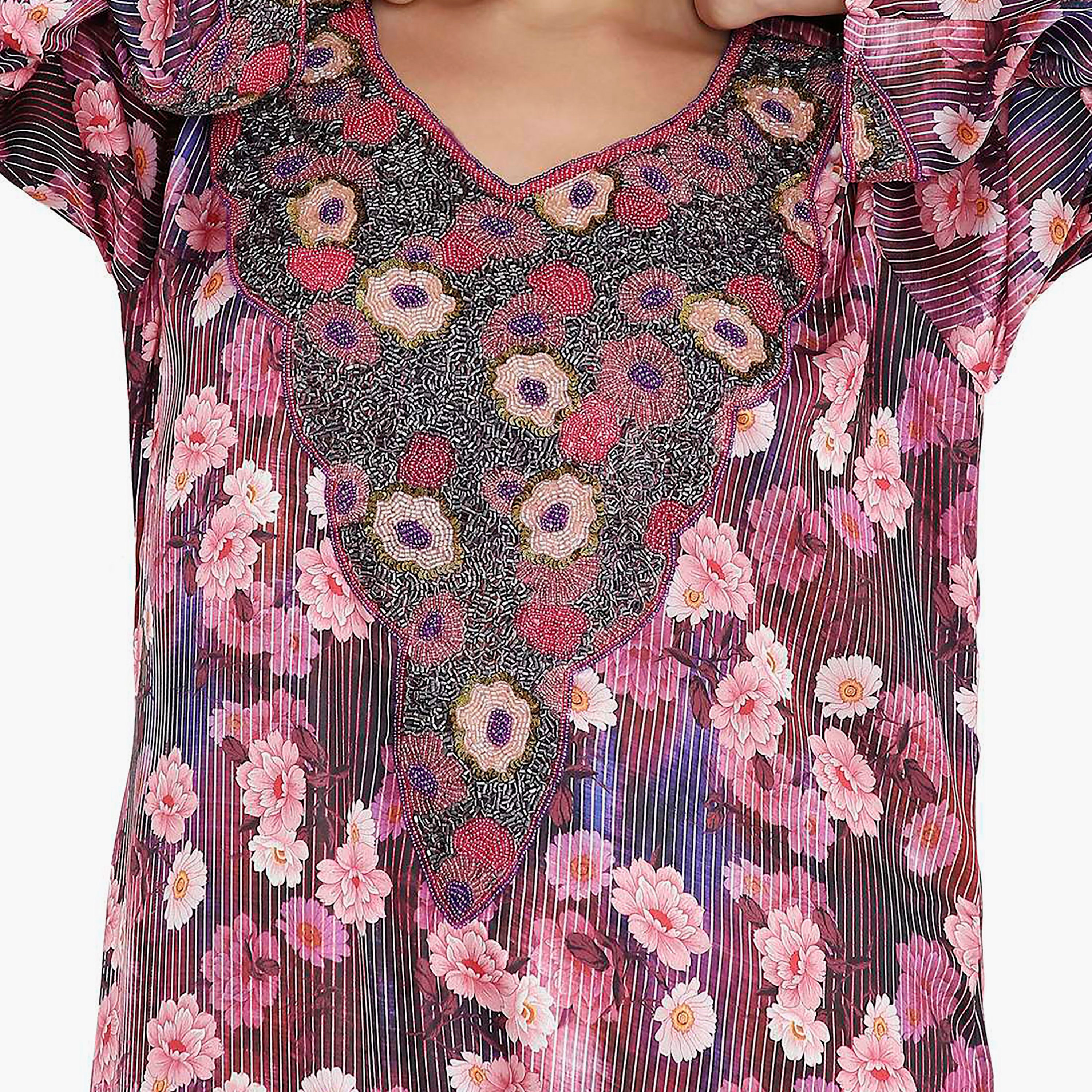 مخور سهرة نسائي مزين بالزهور ومزين بالخرز وتفاصيل عقدة عند الرقبة من هانا آند سارة-women-arabicclothing-jalabiyas-image-12