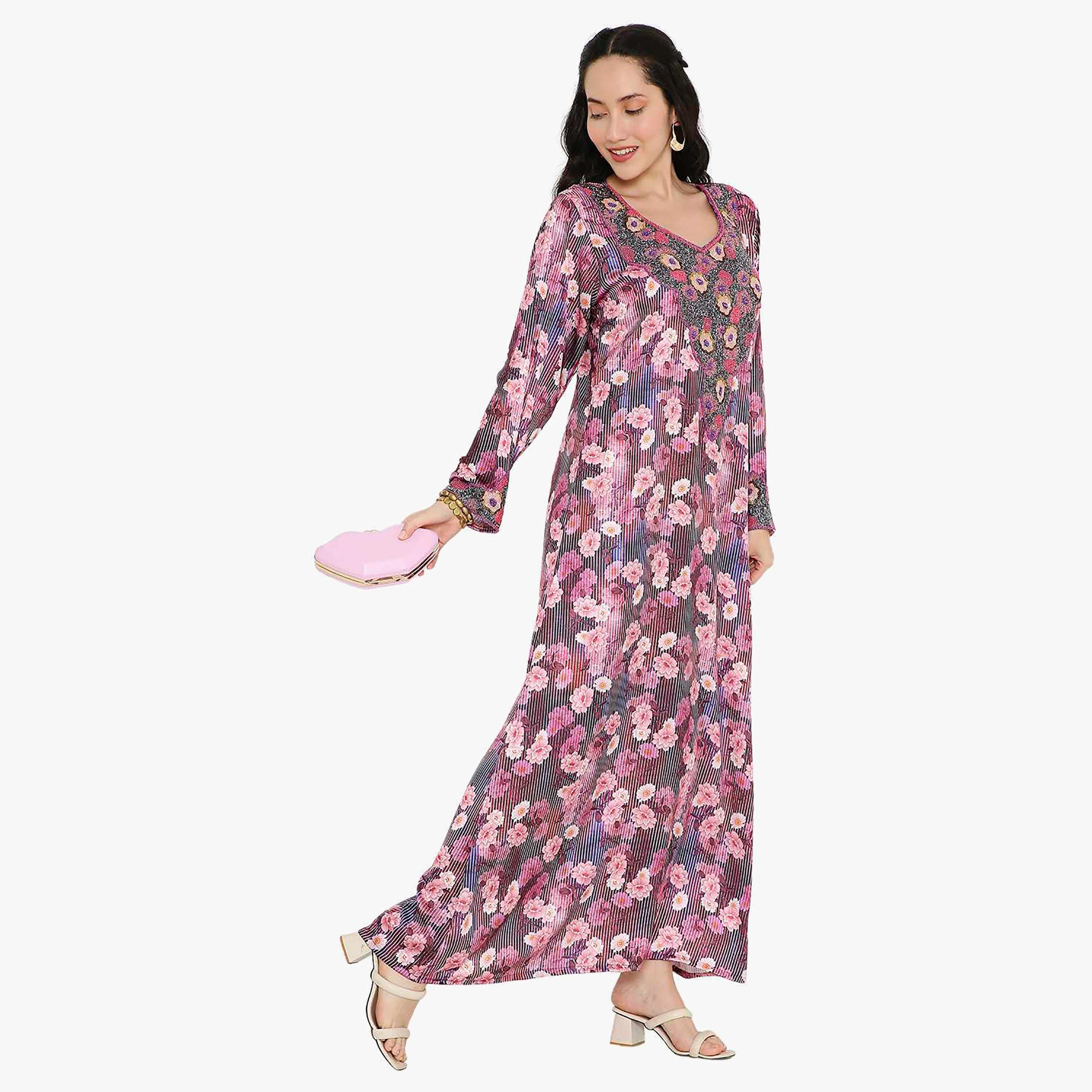 مخور سهرة نسائي مزين بالزهور ومزين بالخرز وتفاصيل عقدة عند الرقبة من هانا آند سارة-women-arabicclothing-jalabiyas-image-14