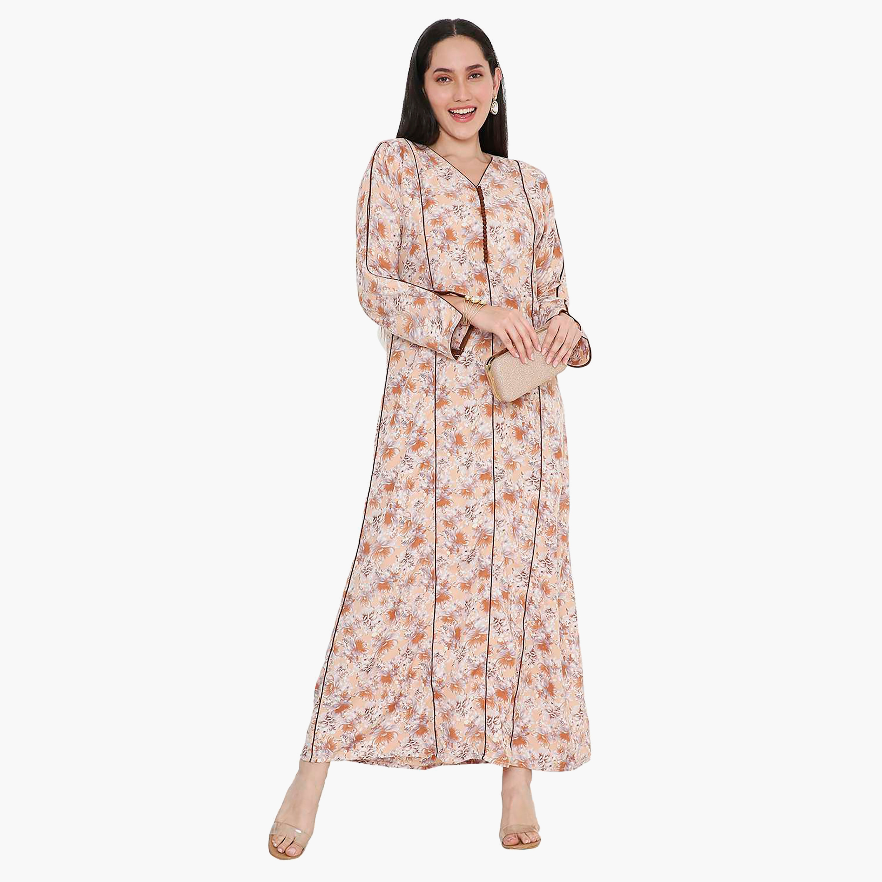 Hana & Sara Floral Button Placket Neck Detail Women's Jalabiya-women-arabicclothing-jalabiyas-image-1