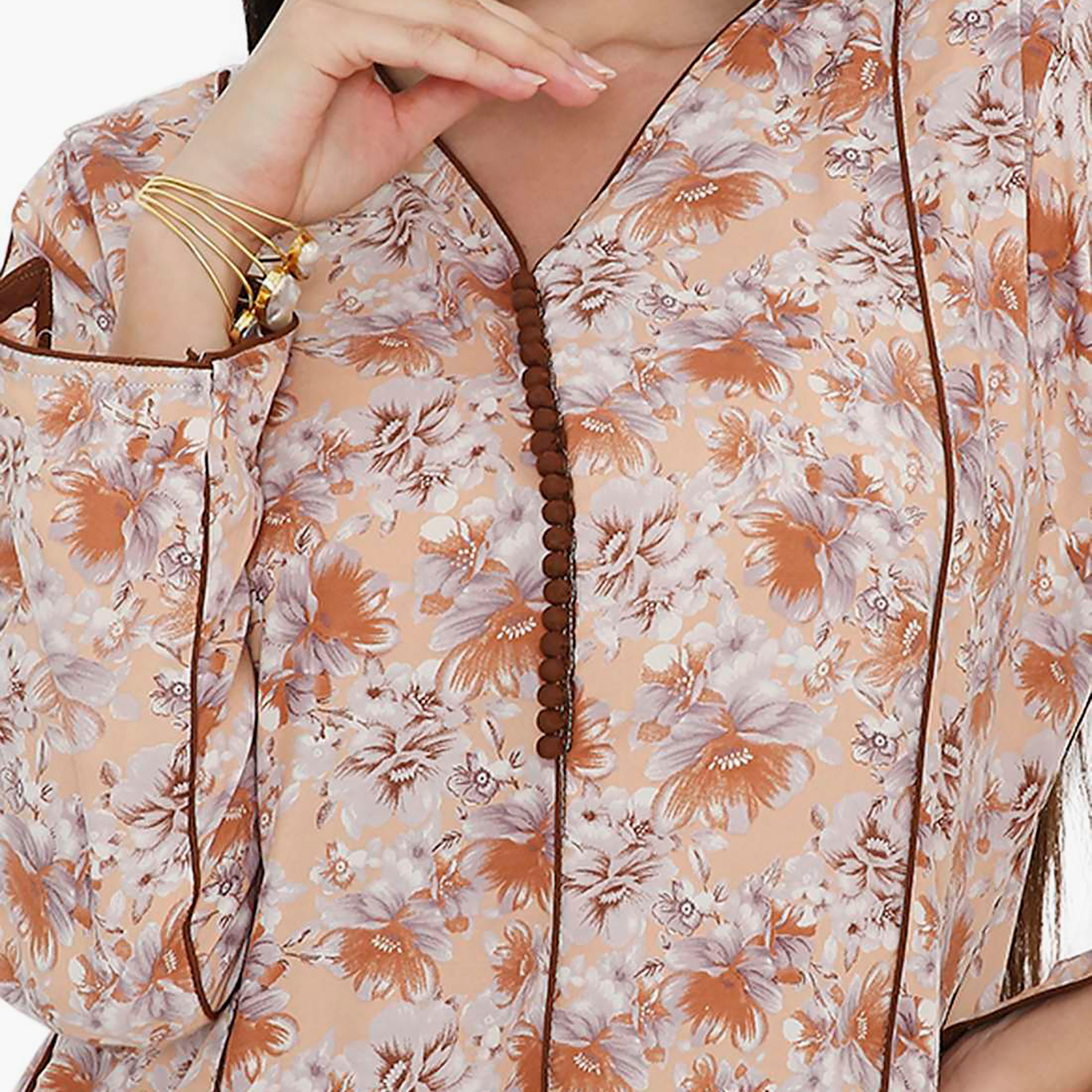 جلابية نسائية مزينة بأزرار وتفاصيل زهور عند الرقبة من هانا آند سارة-women-arabicclothing-jalabiyas-image-2