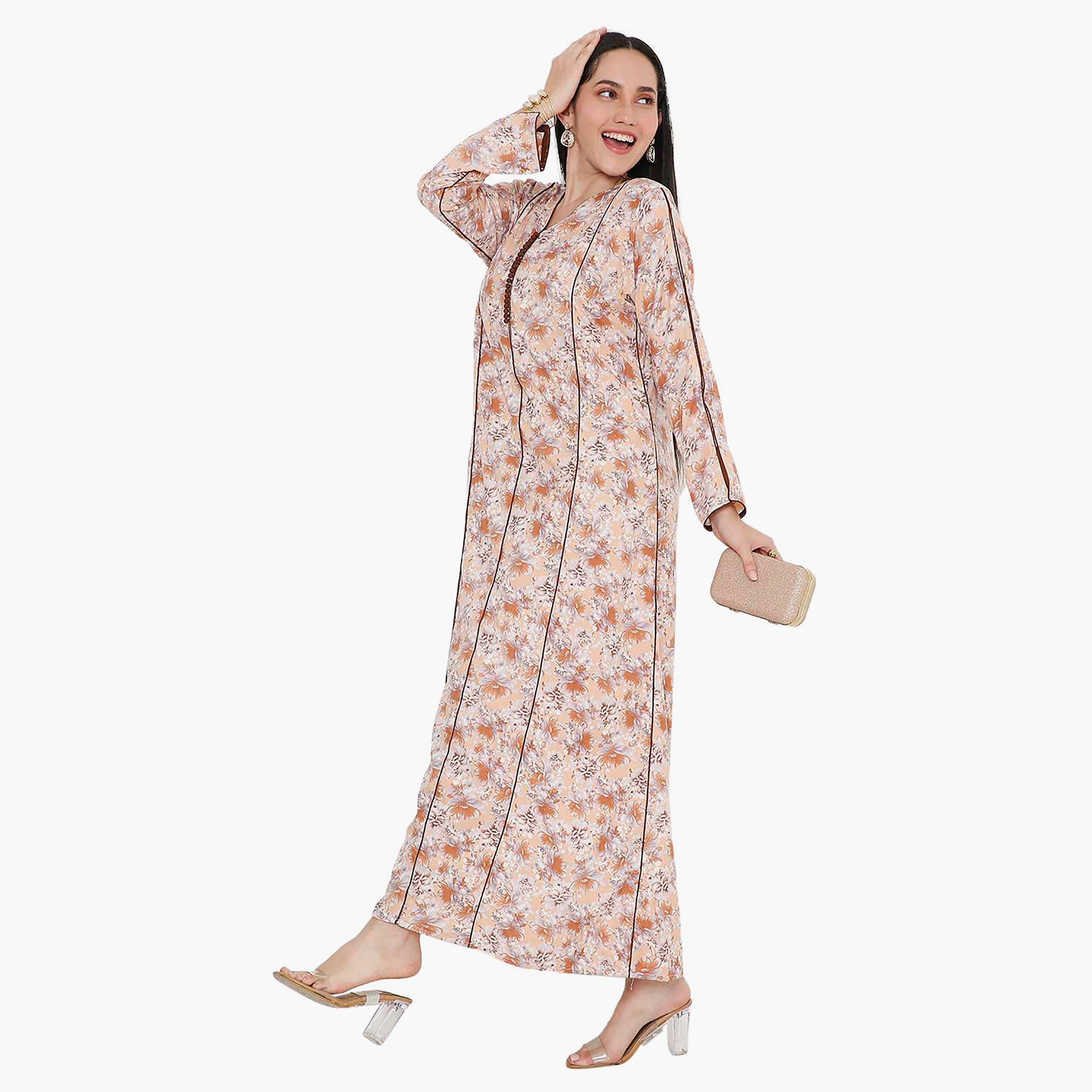 Hana & Sara Floral Button Placket Neck Detail Women's Jalabiya-women-arabicclothing-jalabiyas-image-3