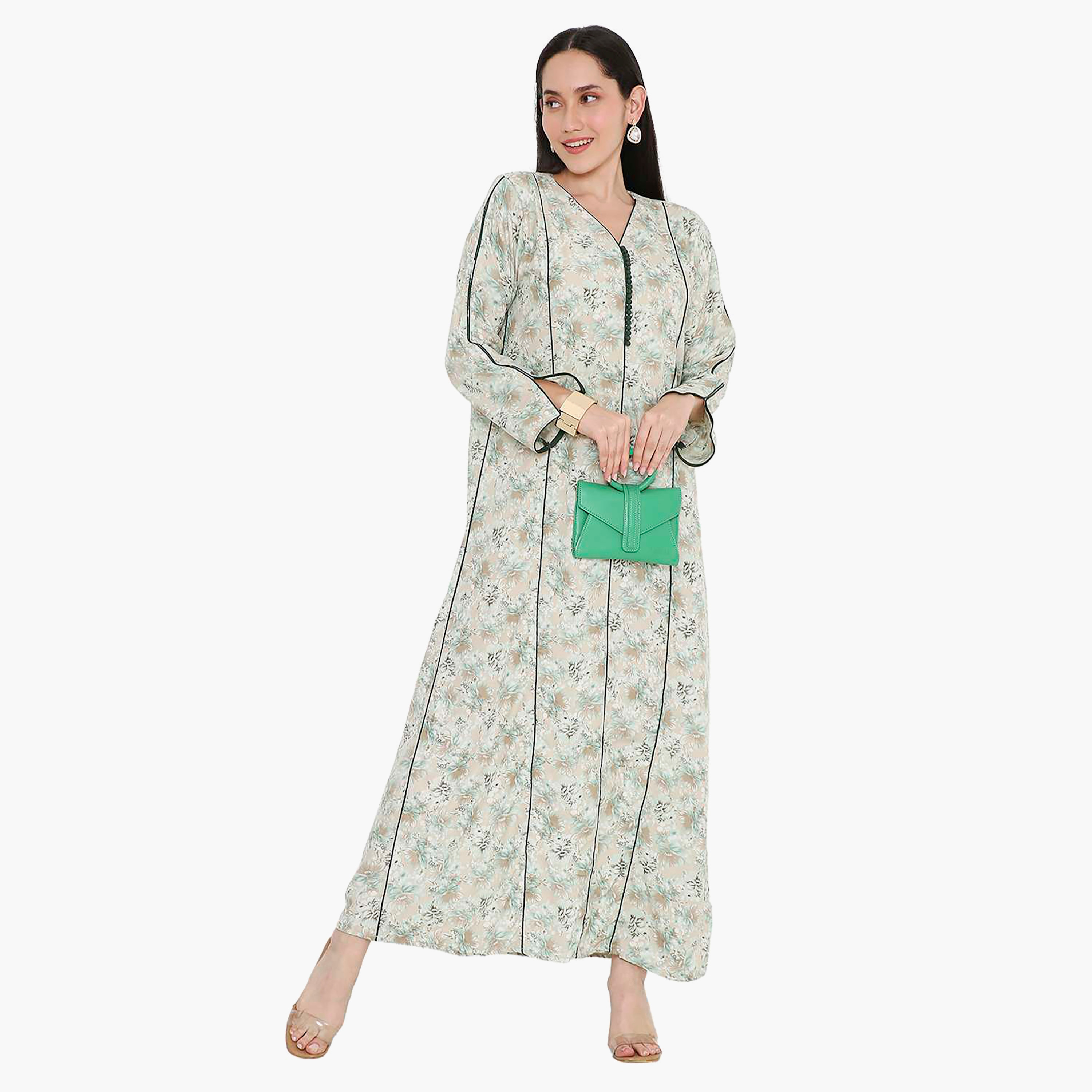 Hana & Sara Floral Button Placket Neck Detail Women's Jalabiya-women-arabicclothing-jalabiyas-image-6