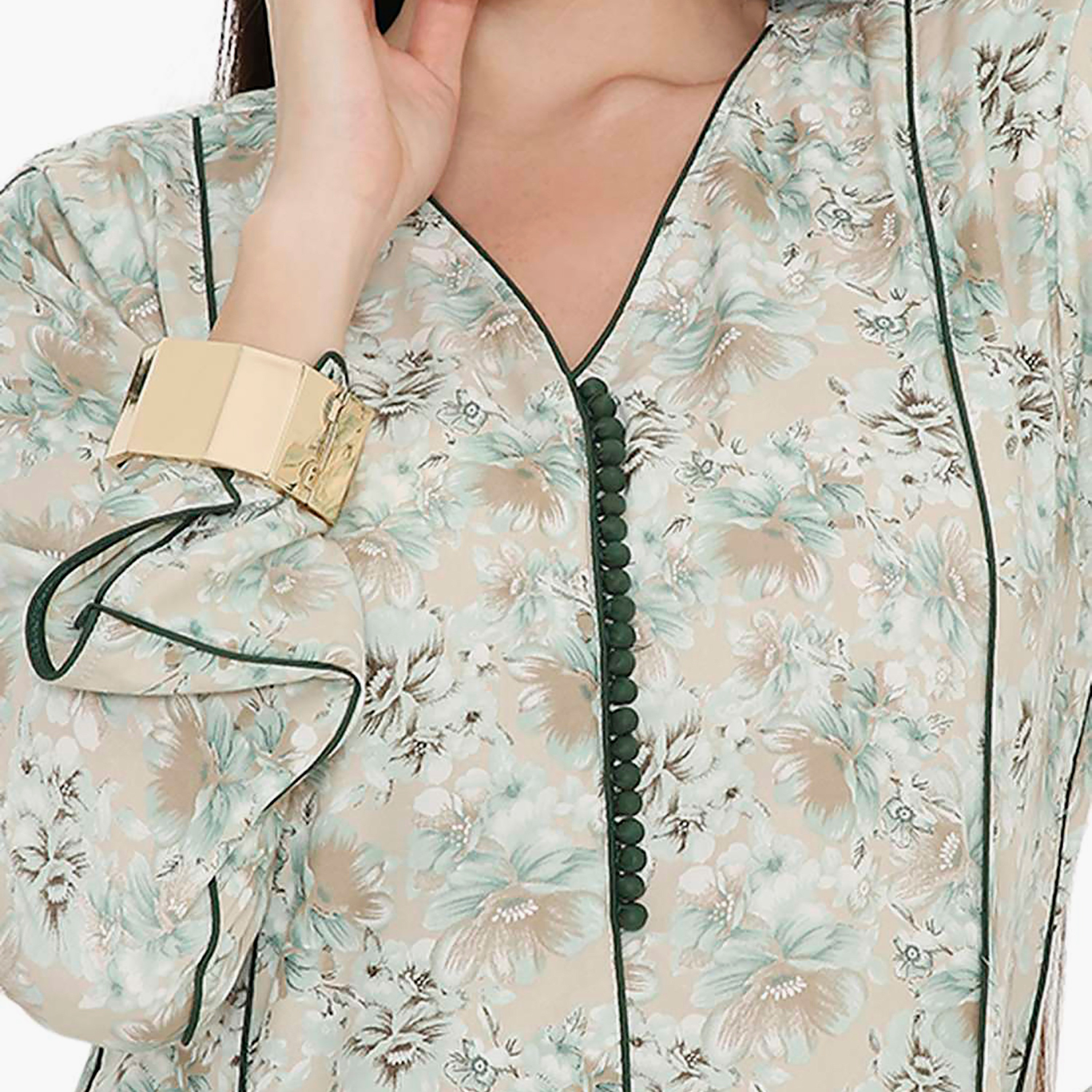 Hana & Sara Floral Button Placket Neck Detail Women's Jalabiya-women-arabicclothing-jalabiyas-image-7