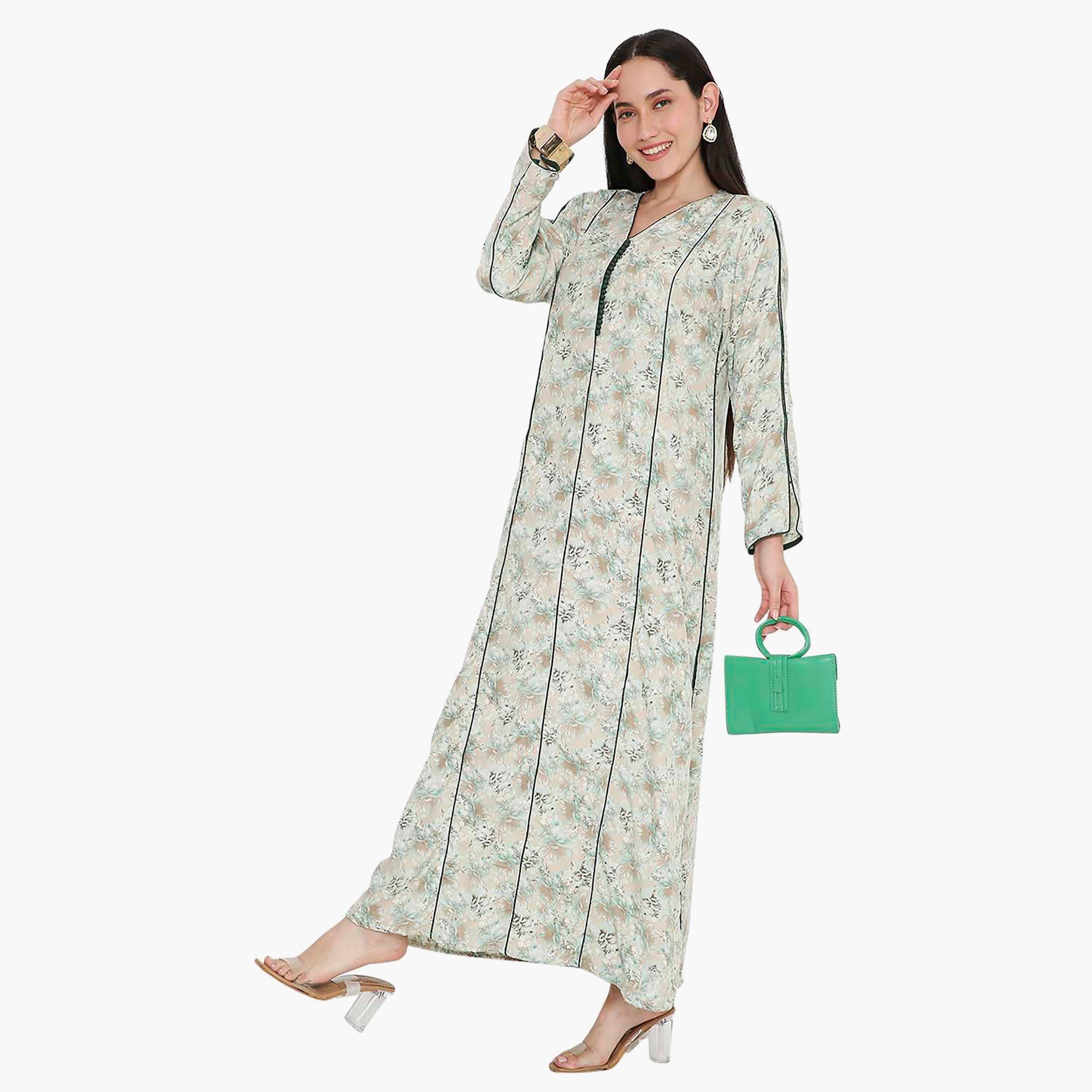 Hana & Sara Floral Button Placket Neck Detail Women's Jalabiya-women-arabicclothing-jalabiyas-image-8