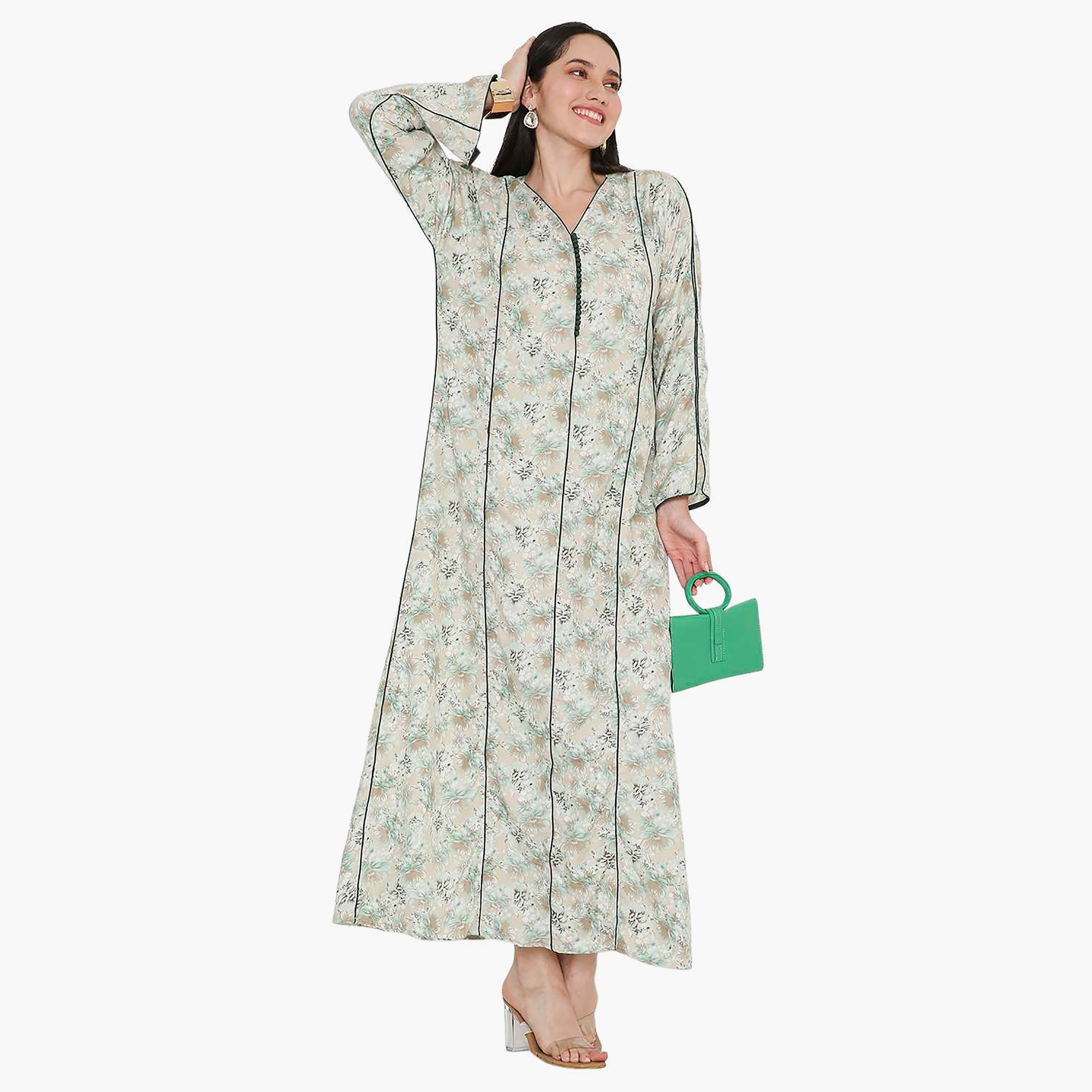 Hana & Sara Floral Button Placket Neck Detail Women's Jalabiya-women-arabicclothing-jalabiyas-image-9