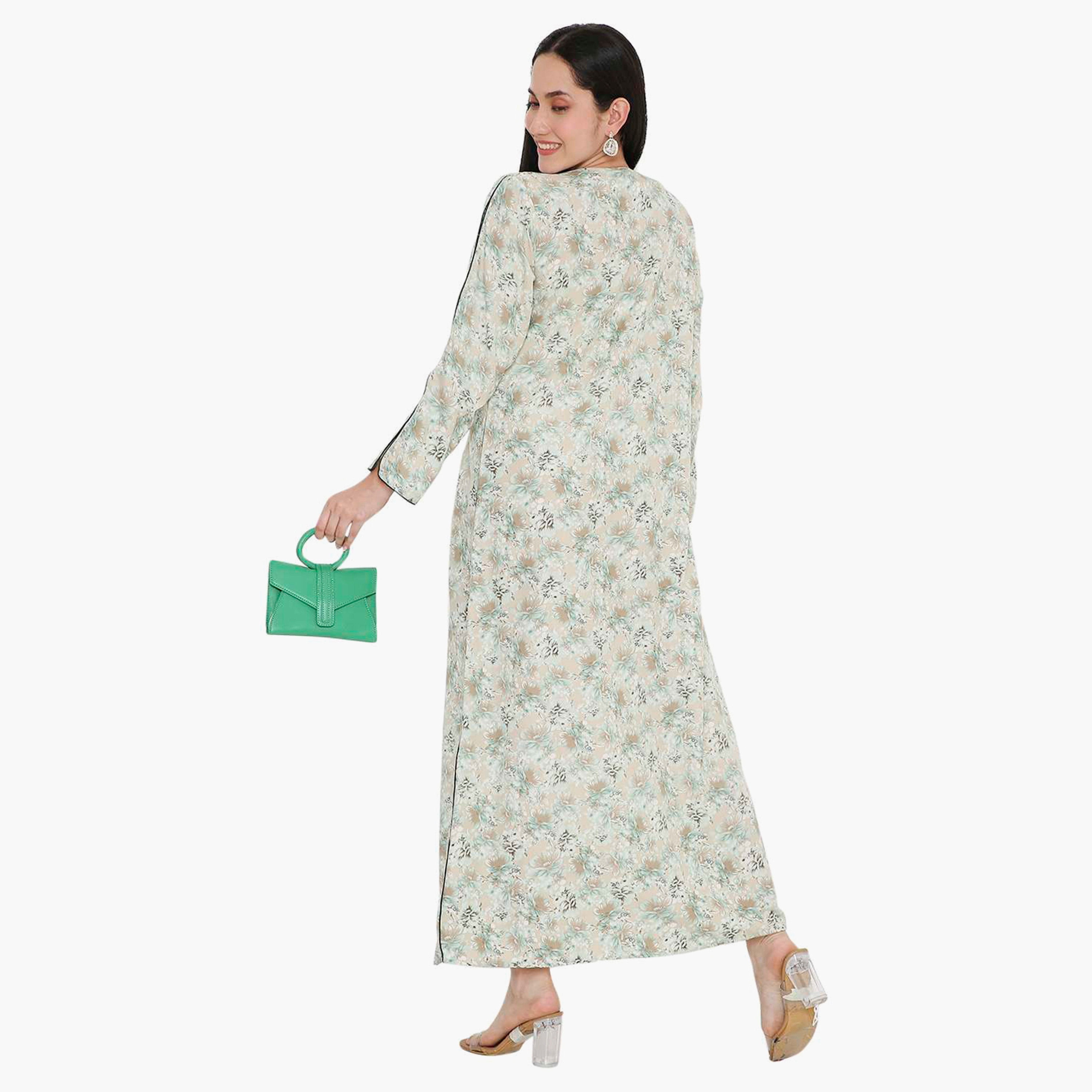 Hana & Sara Floral Button Placket Neck Detail Women's Jalabiya-women-arabicclothing-jalabiyas-image-10