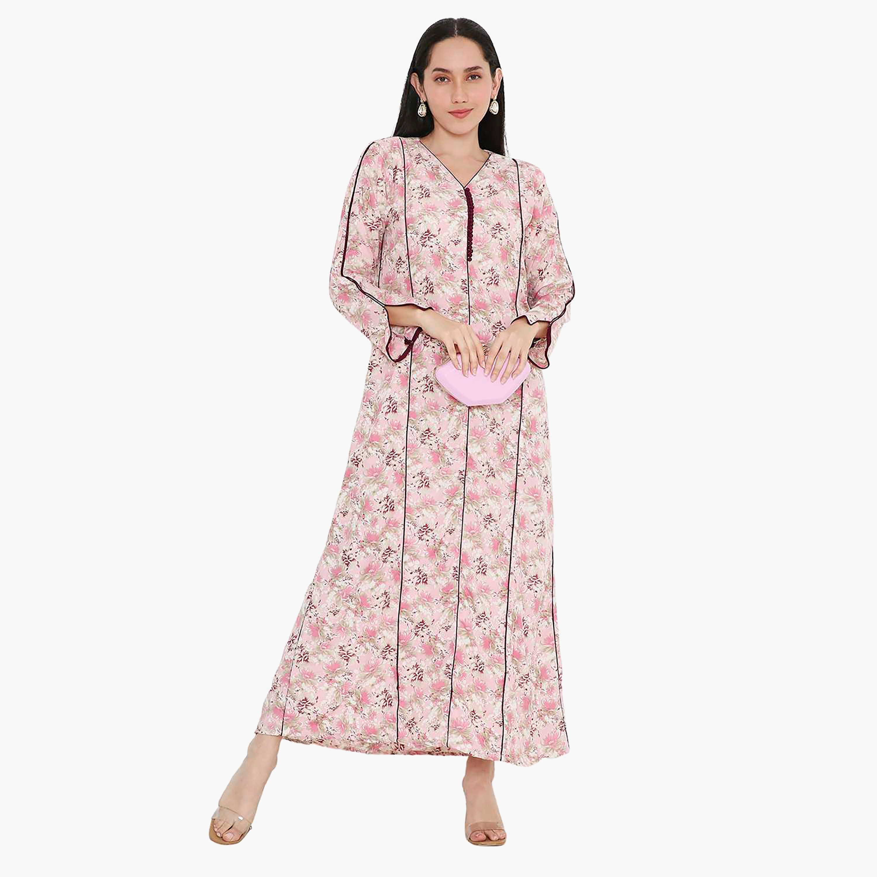 Hana & Sara Floral Button Placket Neck Detail Women's Jalabiya-women-arabicclothing-jalabiyas-image-11