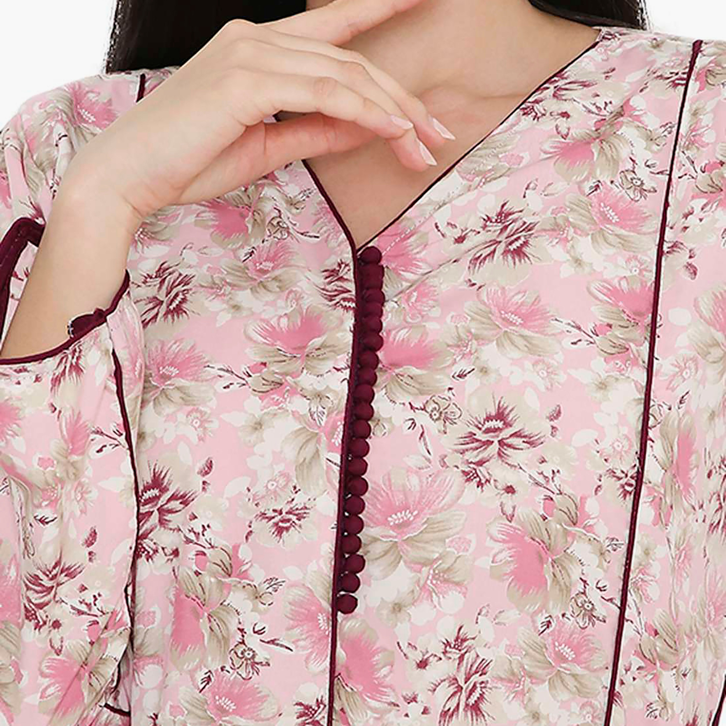 Hana & Sara Floral Button Placket Neck Detail Women's Jalabiya-women-arabicclothing-jalabiyas-image-12