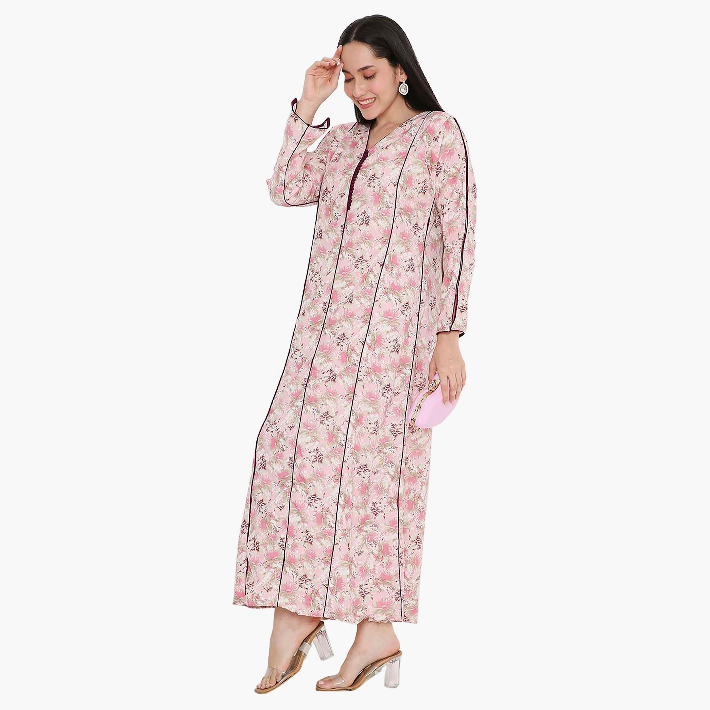 Hana & Sara Floral Button Placket Neck Detail Women's Jalabiya-women-arabicclothing-jalabiyas-image-13